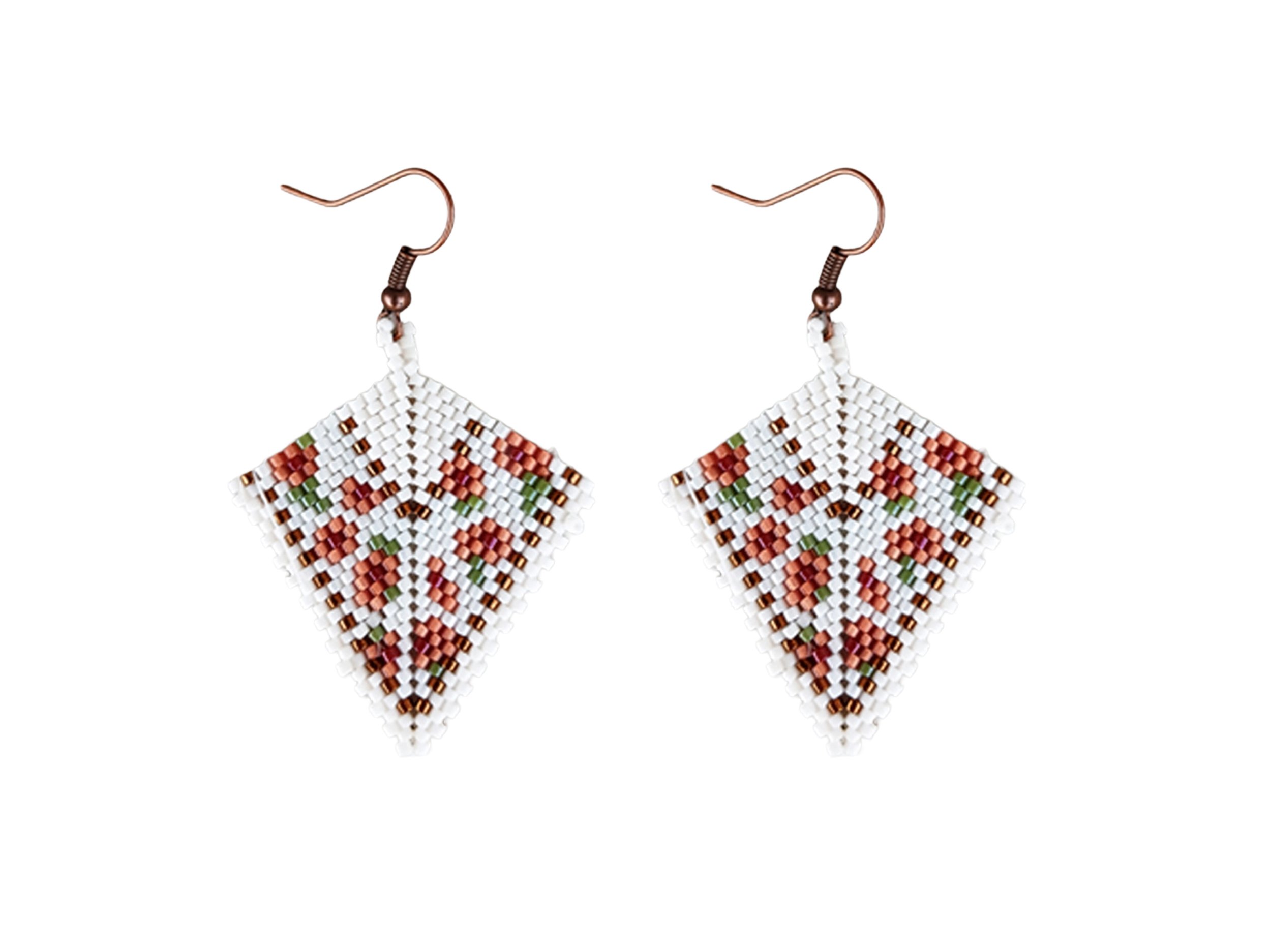 Ivory and Peach Floral Kite Drop Handwoven Earrings