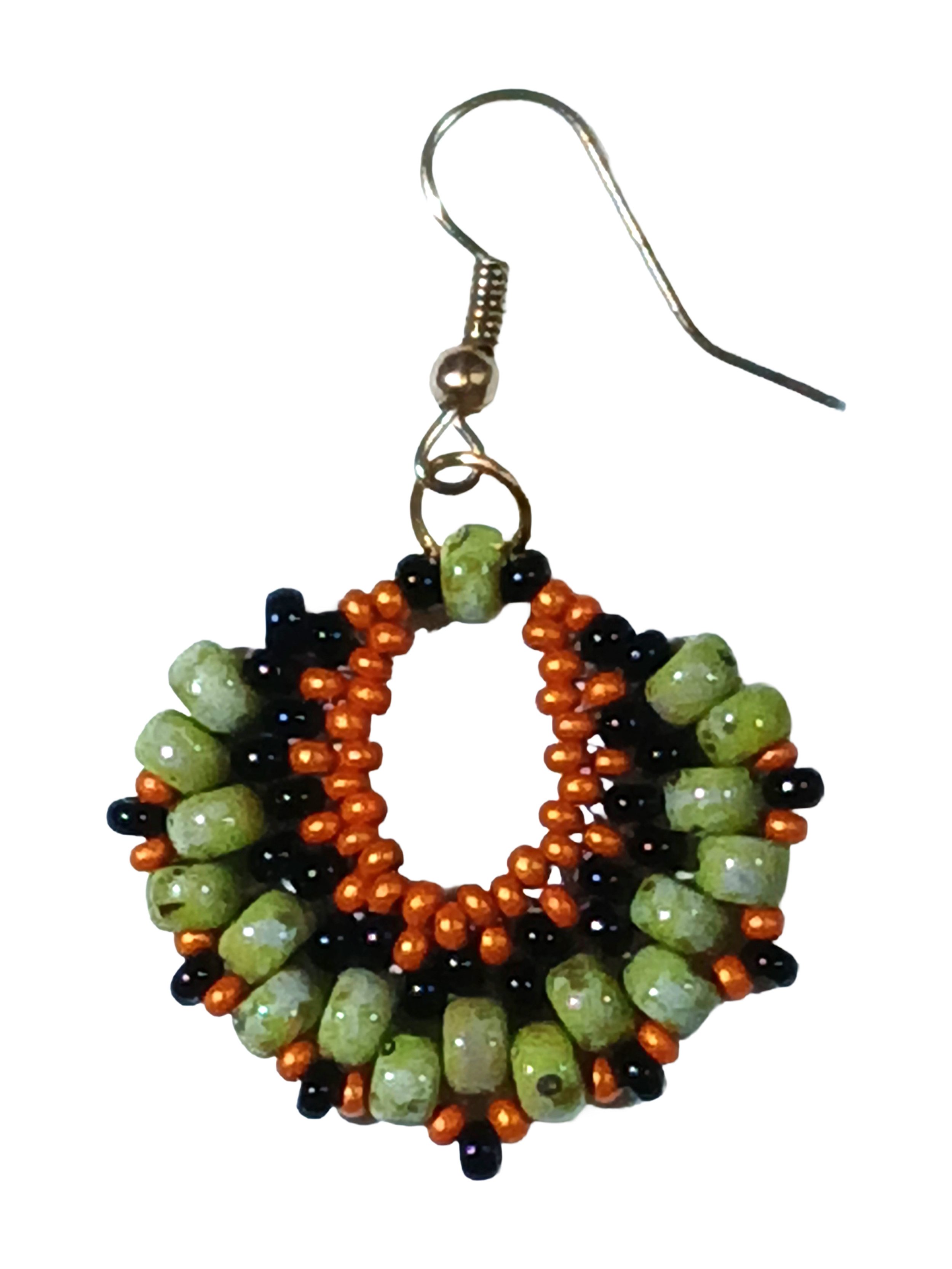 Handmade beaded crescent fan short dangle earrings handwoven in Picasso green, orange, and black glass seed beads.