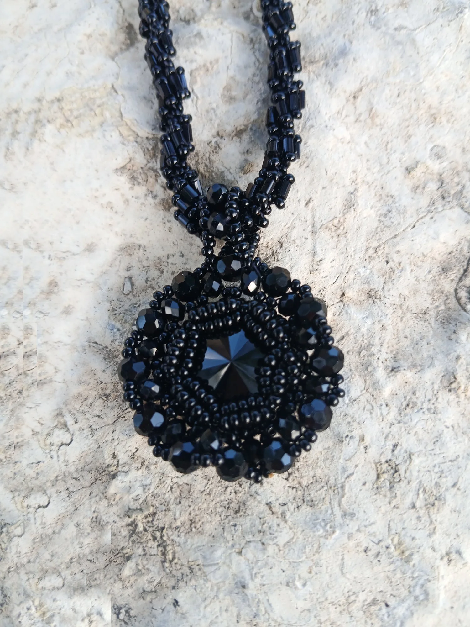 Handmade Black Rivoli Crystal Beaded Pendant Necklace - Vintage Style Jewelry