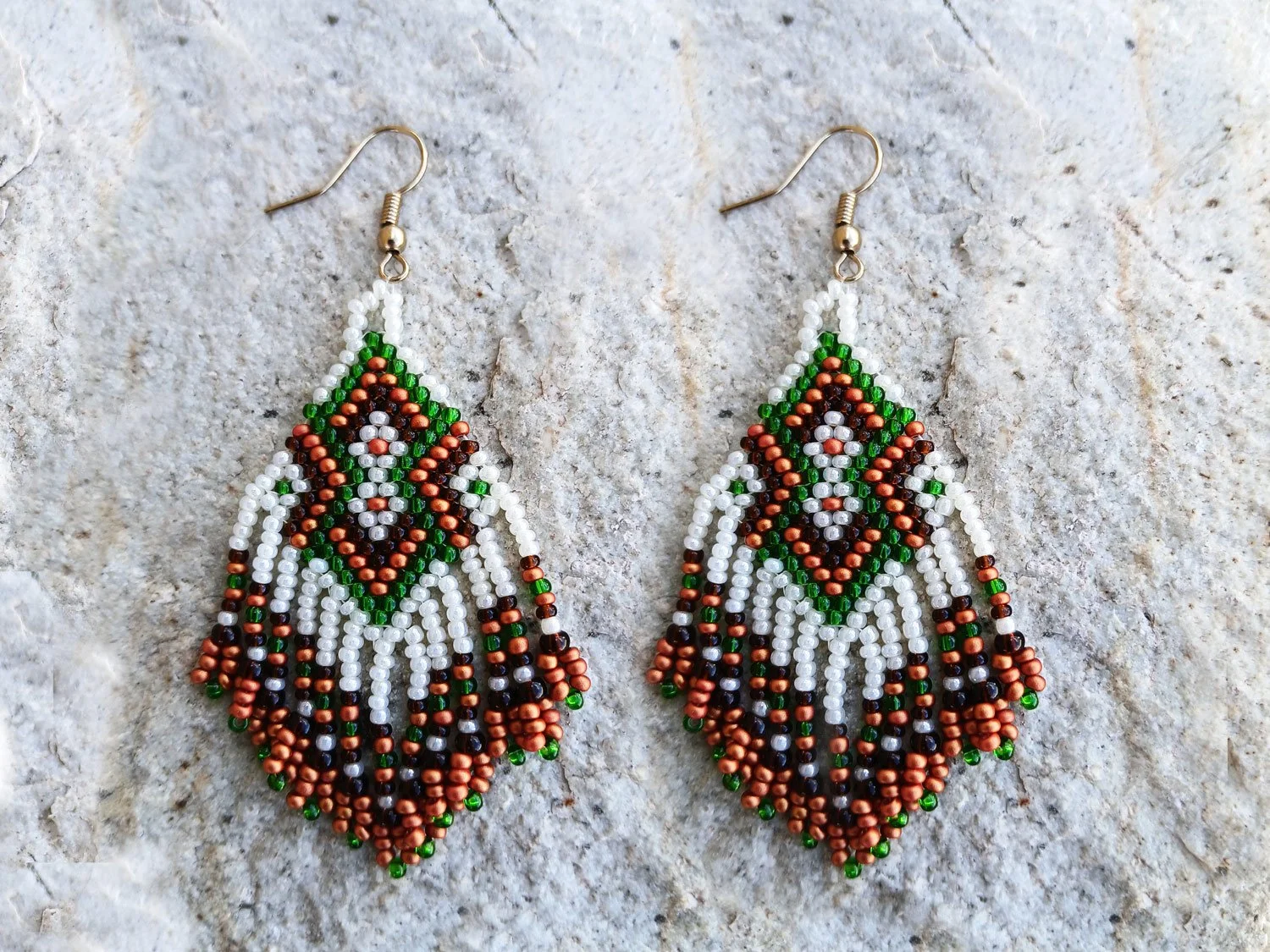 Handmade Southwestern beaded fringe earrings handwoven brick stitch in red, green, ivory, and white.
