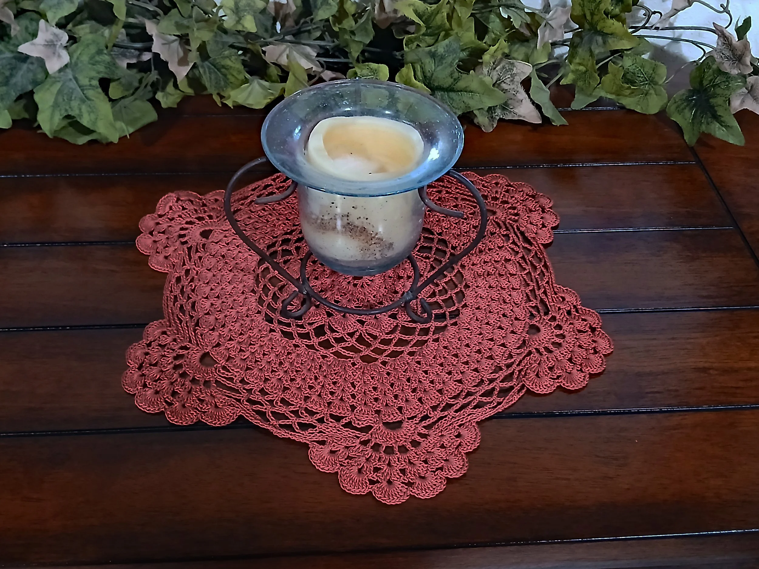 Handmade 13 Inch Rust Farmhouse Round Crochet Lace Doily With Scallop Edge 100% Cotton