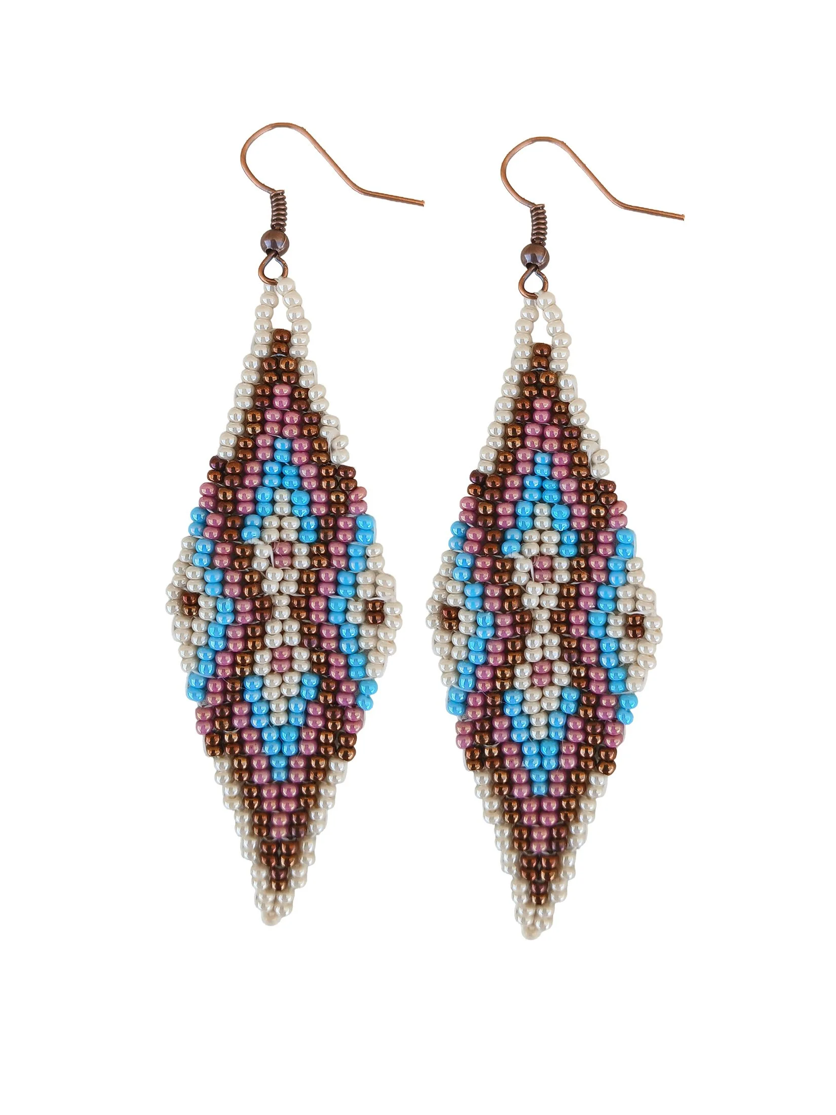 Sedona Sky handmade drop beaded earrings featuring an oblong geometric design handwoven in ivory white, rose luster, sky blue and dark gold.