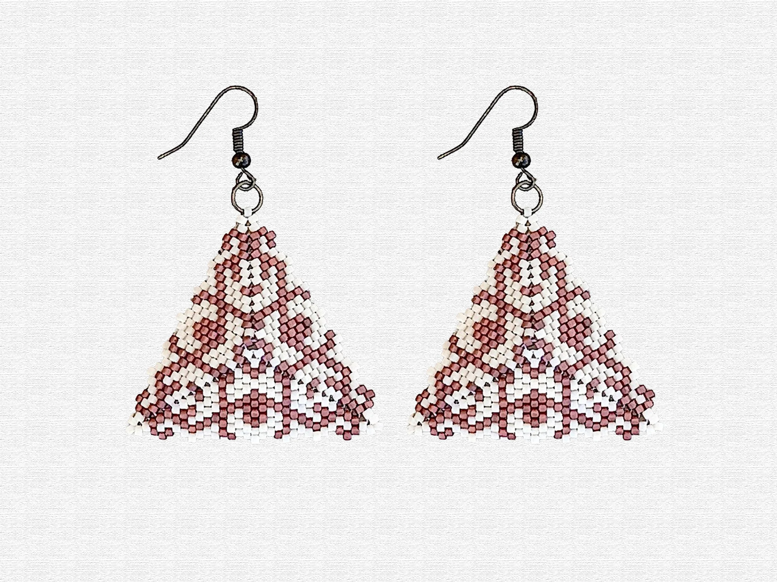Star Center Peyote Cream Copper Triangle Drop Earrings - Handmade Geometric Miyuki delica Beaded Jewelry