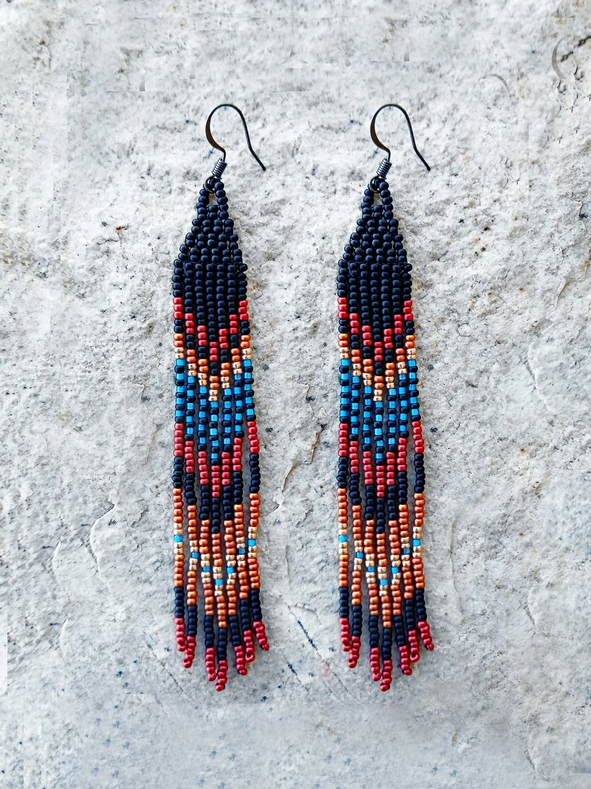 Mountain Sunset Beaded Long Fringe Boho Seed Bead Earrings