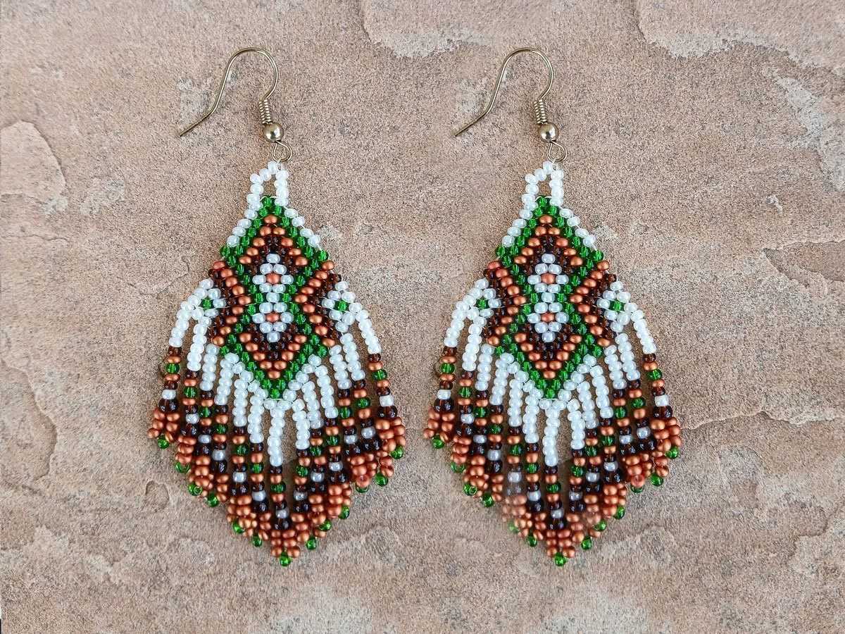 Handmade Southwestern beaded fringe earrings handwoven brick stitch in red, green, ivory, and white.