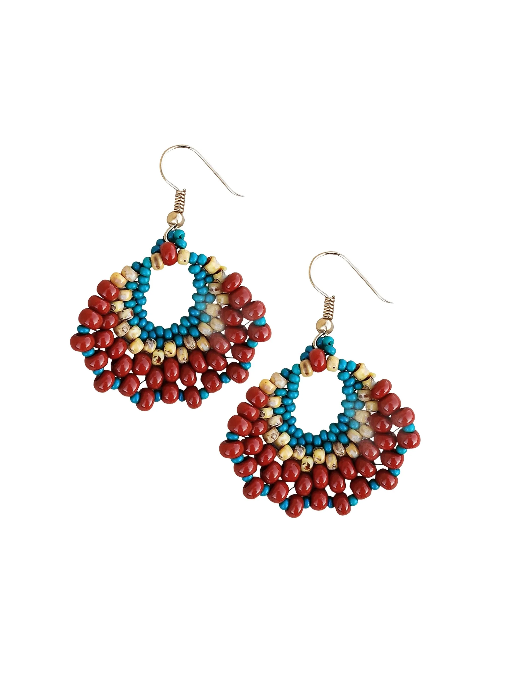 Bohemian brick-stitch beaded crescent fan earrings in rust red-brown, Picasso tan, and teal blue seed beads on a white background.