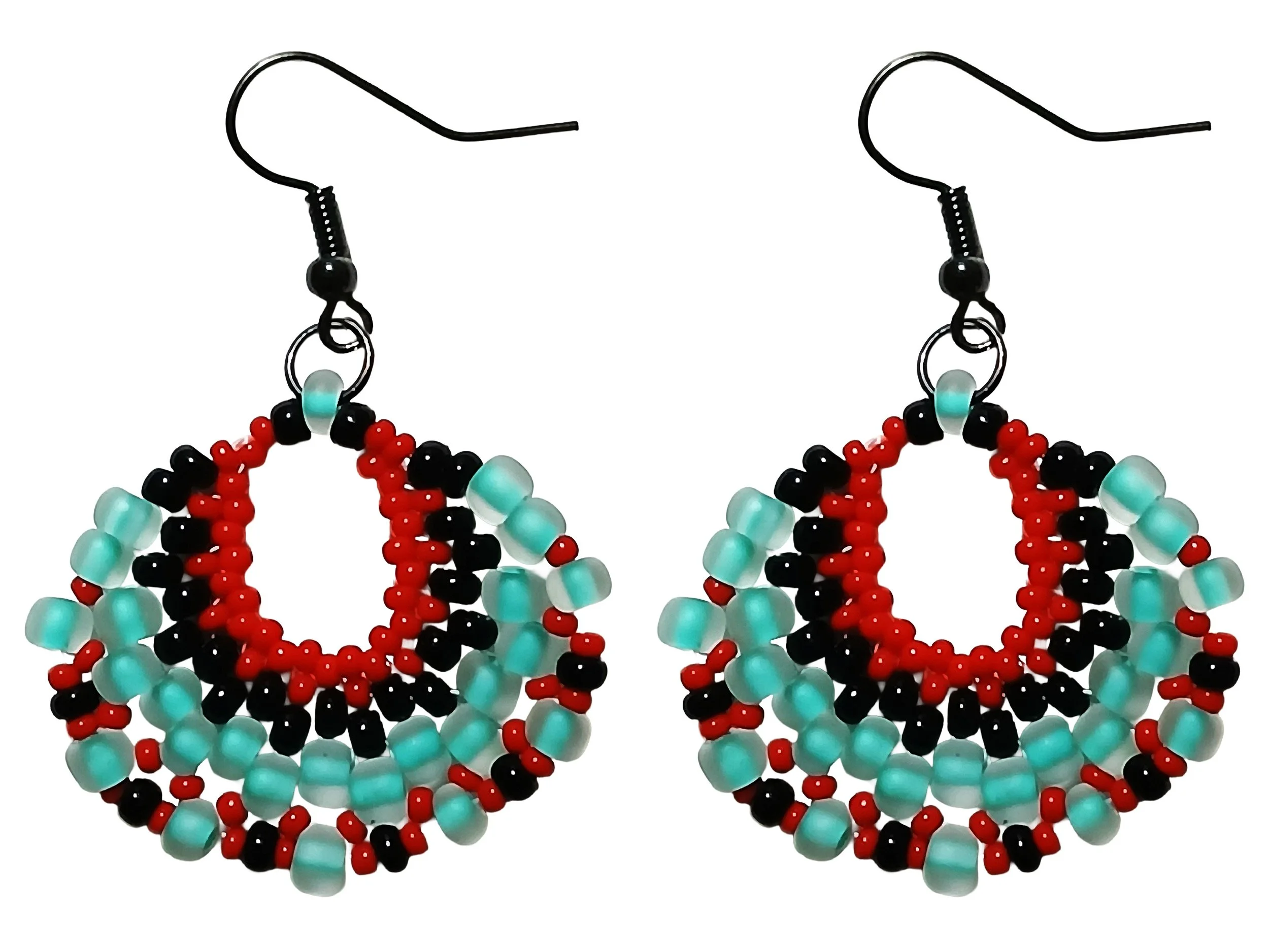 Handmade small beaded peyote teardrop-shaped statement earrings handwoven in red, black, and turquoise with peyote stitch in a Western boho style.