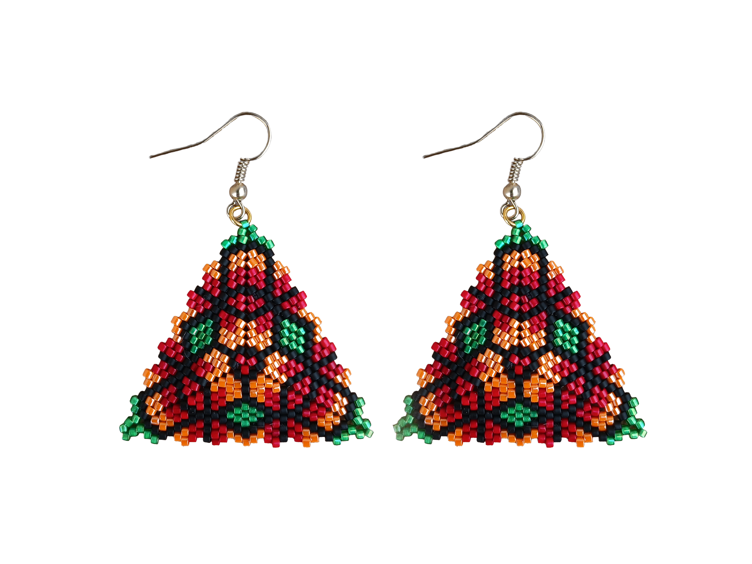Handmade triangle peyote earrings with geometric floral pattern in red, green, orange, and black Miyuki Delica glass beads
