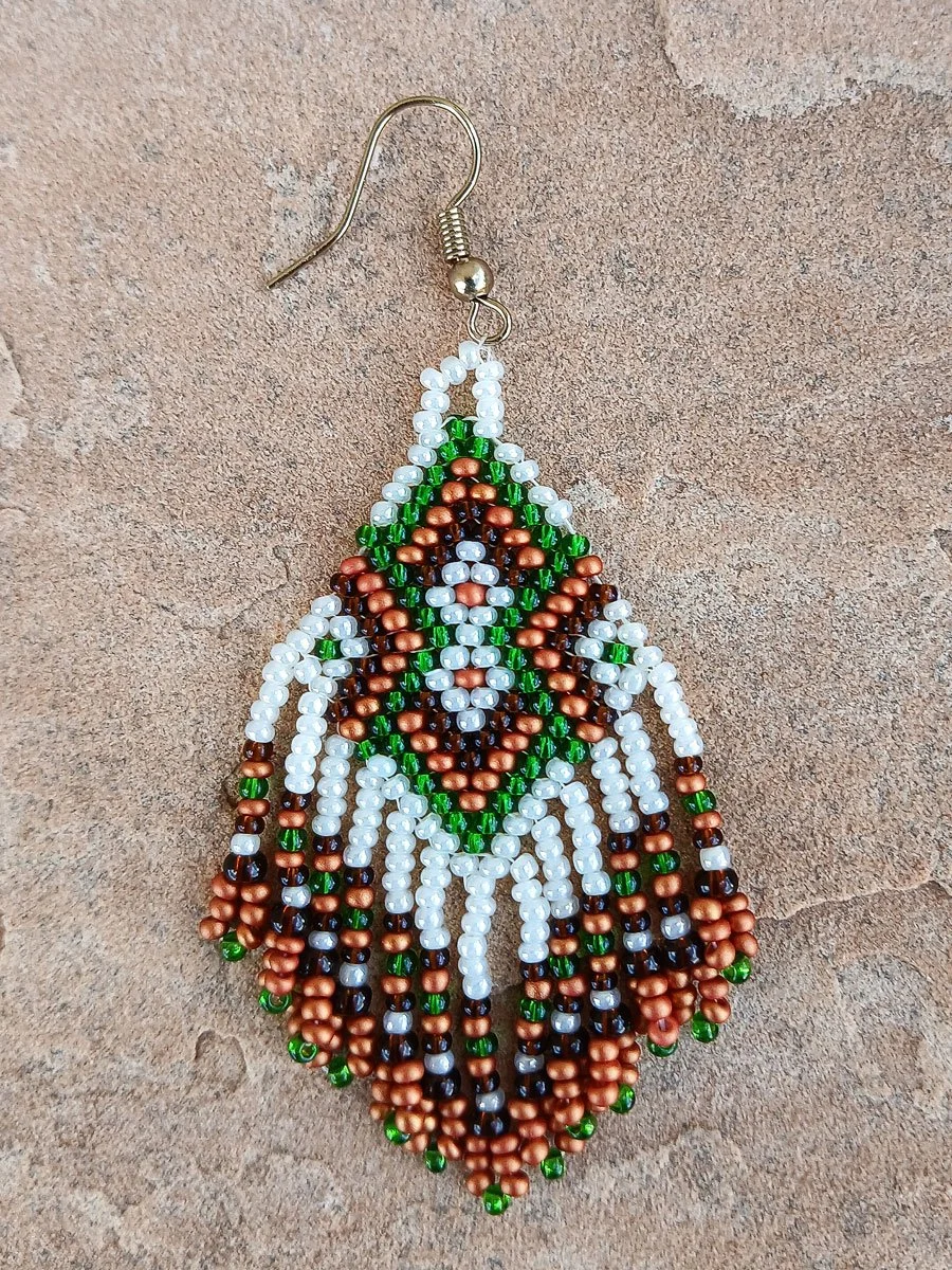 Handmade Southwestern beaded fringe earrings handwoven brick stitch in red, green, ivory, and white.