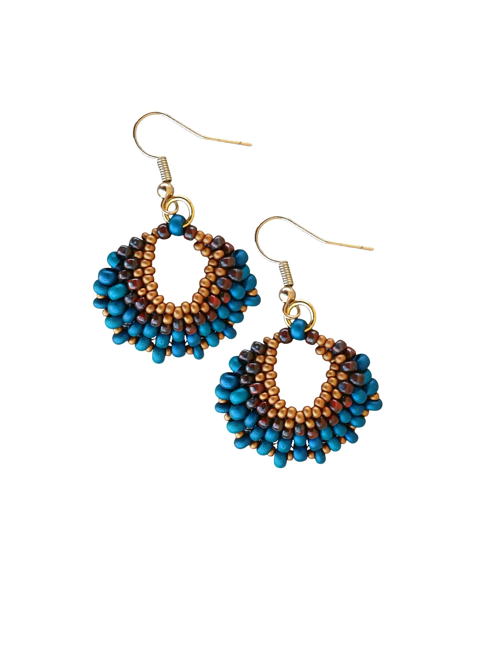 Handmade beaded crescent fan short earrings handwoven in golden and dark browns and teal glass seed beads in peyote stitch.