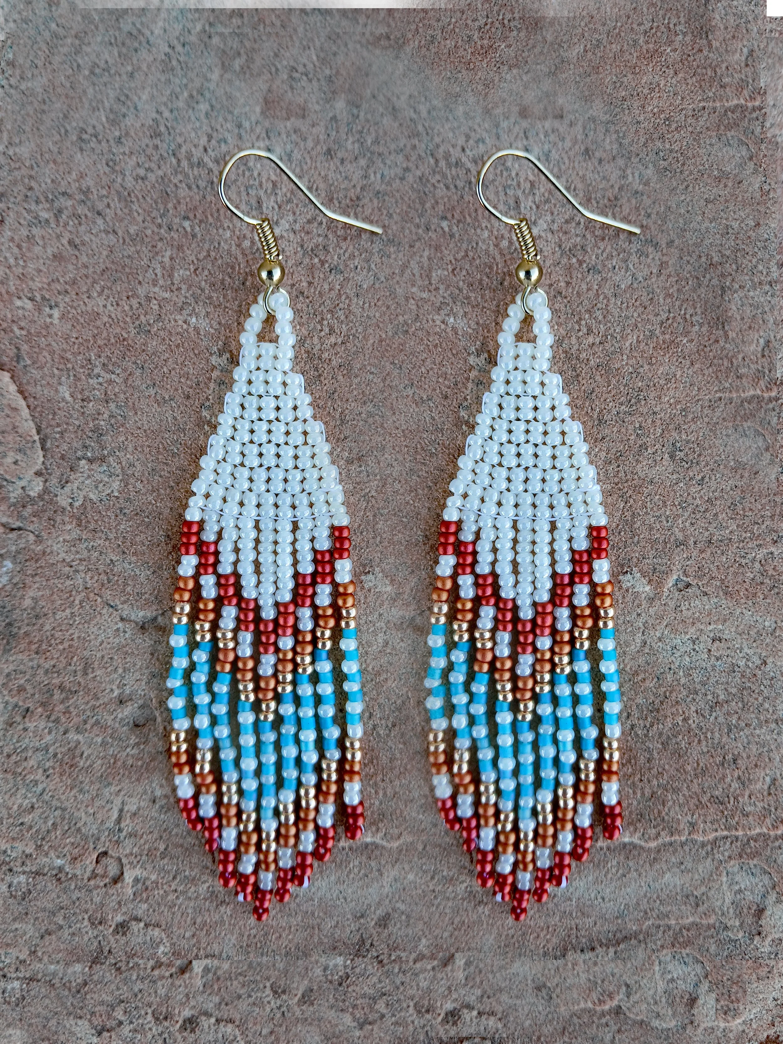 Native Boho Western Style handmade lightweight fringe beaded earrings in white, red, gold, orange, blue medium dangles