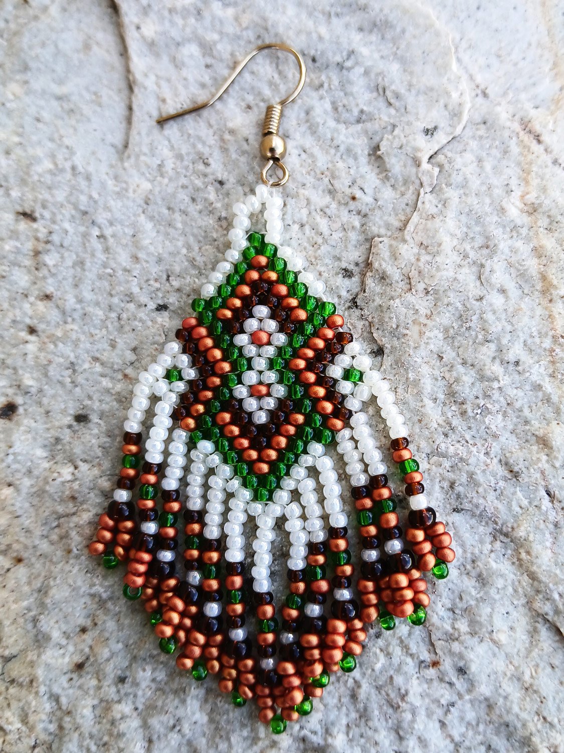 Handmade Southwestern beaded fringe earrings handwoven brick stitch in red, green, ivory, and white.