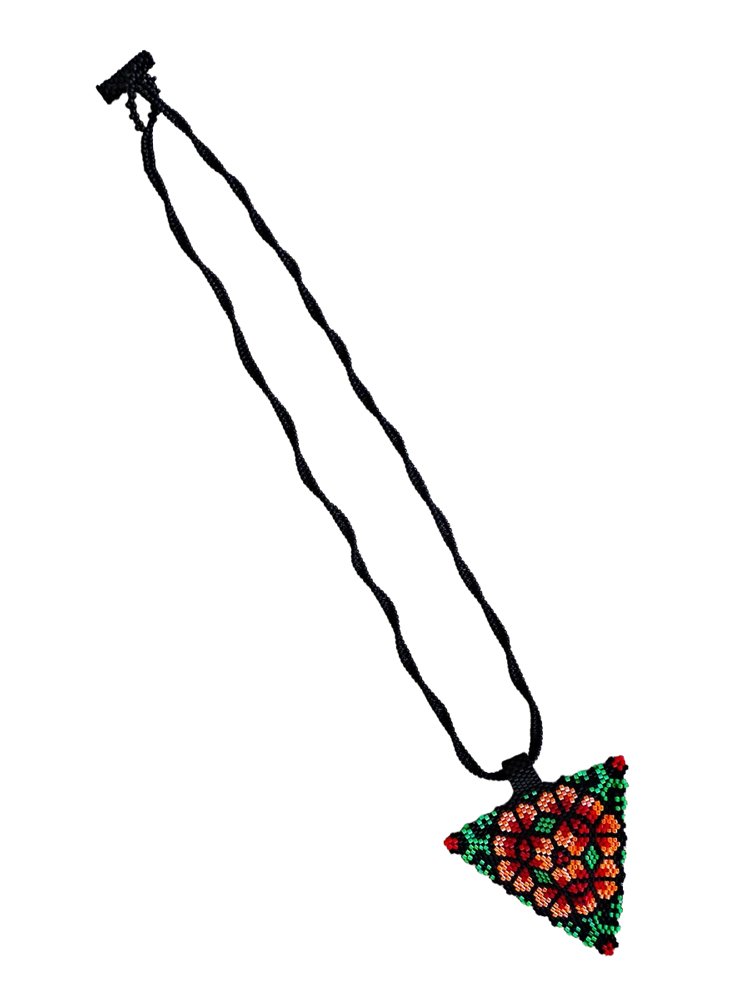 Handmade beaded peyote geometric floral triangle pendant necklace handwoven  in green, orange, and red with nonmetal herringbone black chain.
