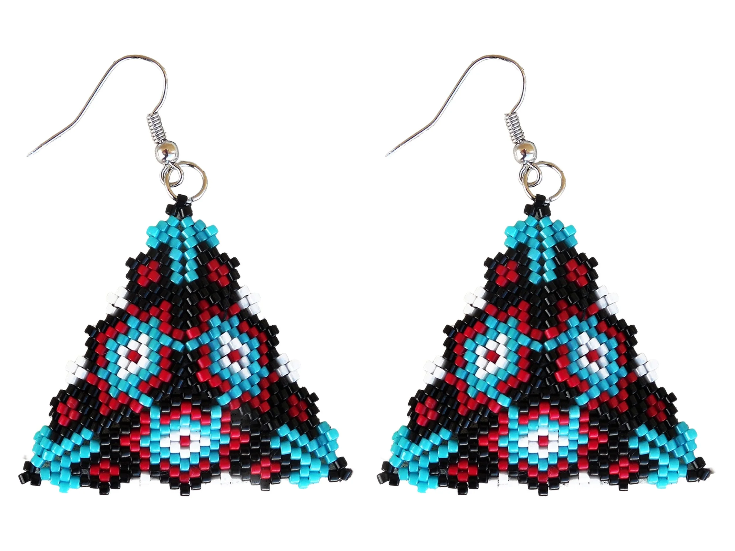 Handmade geometric triangle beaded earrings featuring a handwoven peyote-stitch hanging dangle design in blue, red, black, and white.