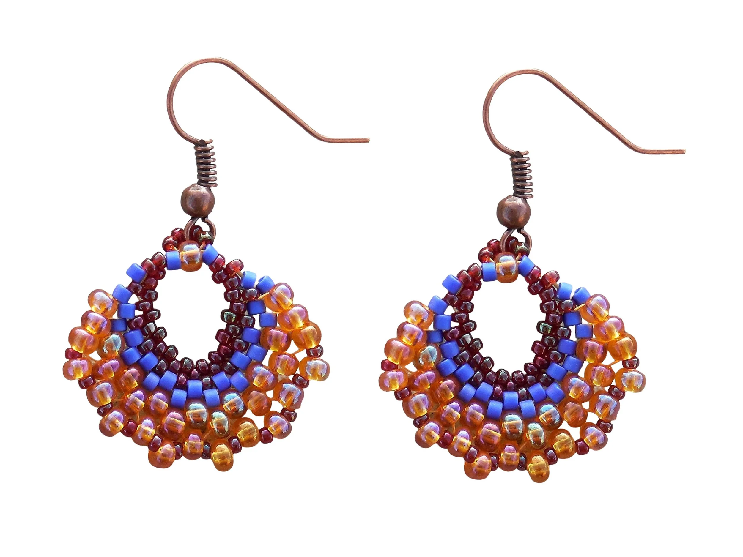 Handmade crescent fan dangle earrings handwoven in red, cobalt blue and orange luster glass seed beads using peyote stitch.