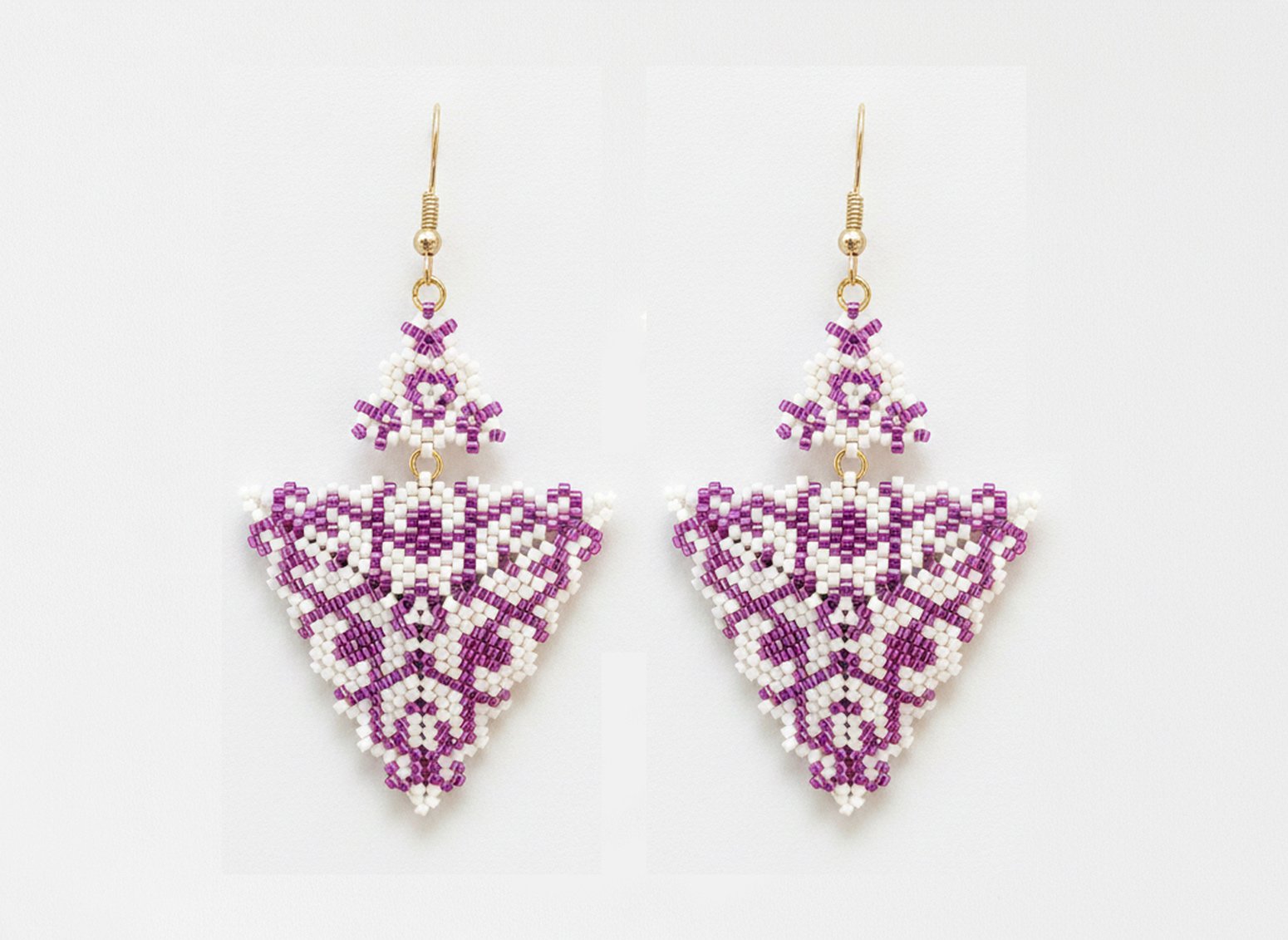 The Deco Drop Beaded Peyote Triangle Earrings In Purple And Cream