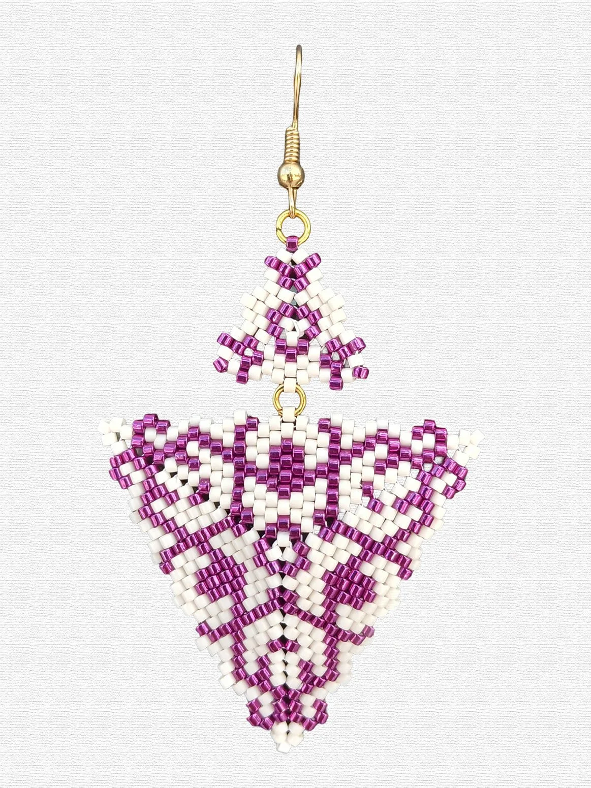 Handmade purple and alabaster white geometric triangle drops with two triangles beaded earrings in handwoven in peyote stitch design.