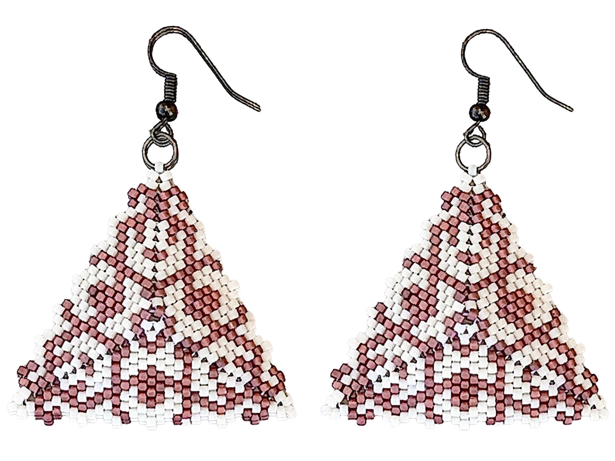 Handwoven peyote stitch geometric triangle beaded earrings in cream and copper with a hanging dangle design.