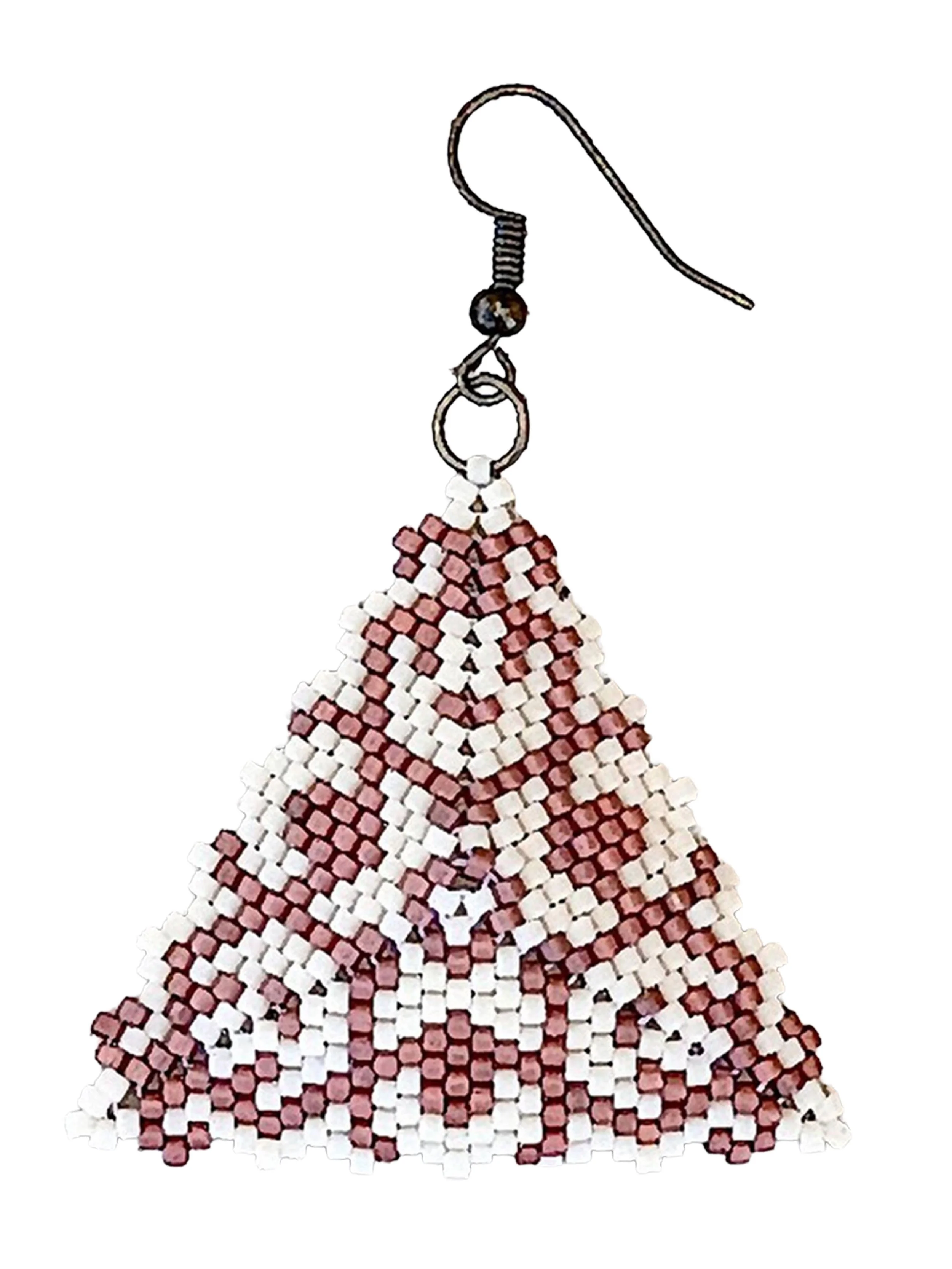Handmade peyote stitch geometric triangle beaded earrings in cream and copper with a hanging dangle design.