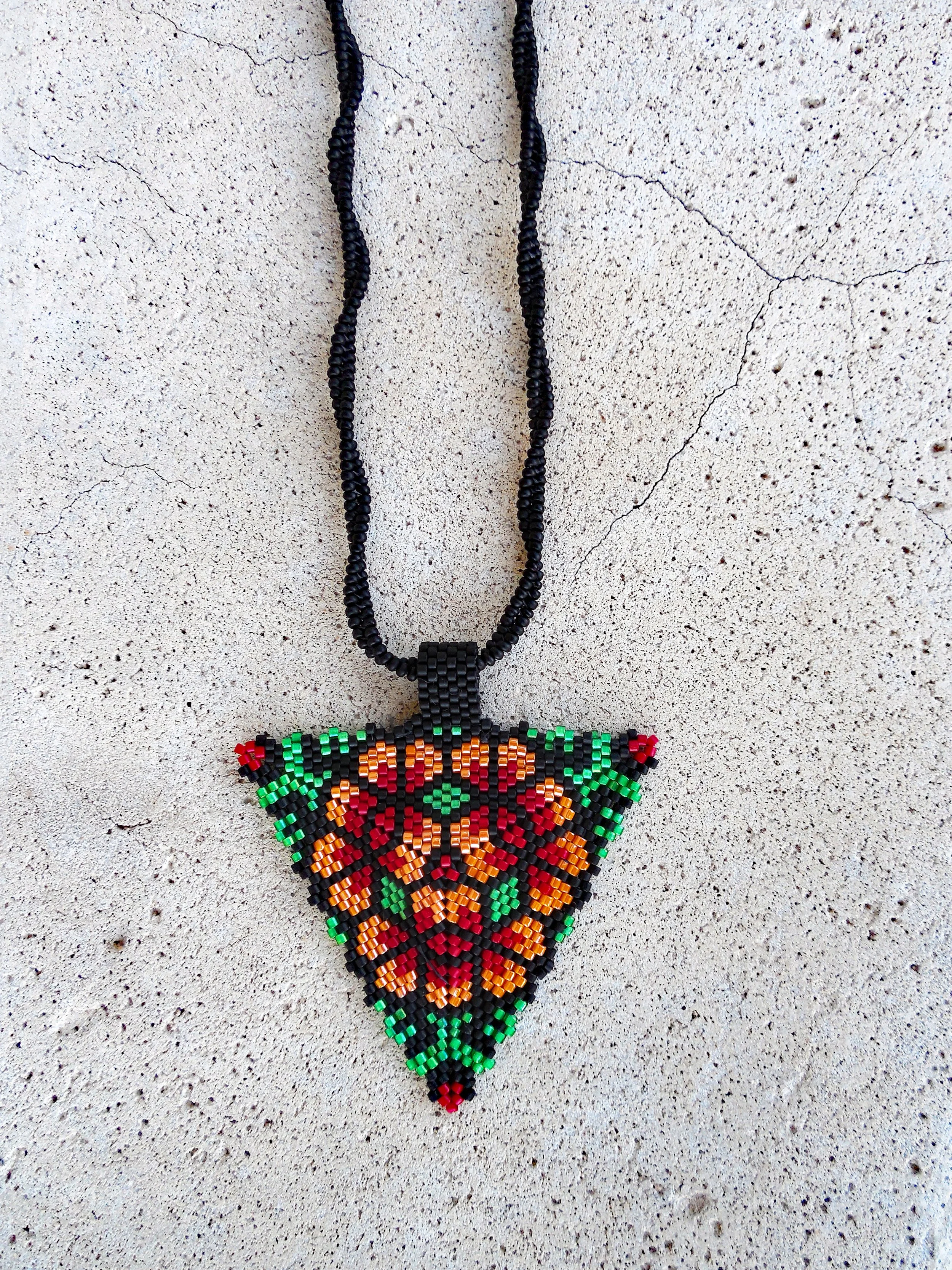 Handmade Boho  Beaded Geometric Triangle Pendant Floral Necklace and Chain Non-Metal Jewelry in Green Orange Red Black