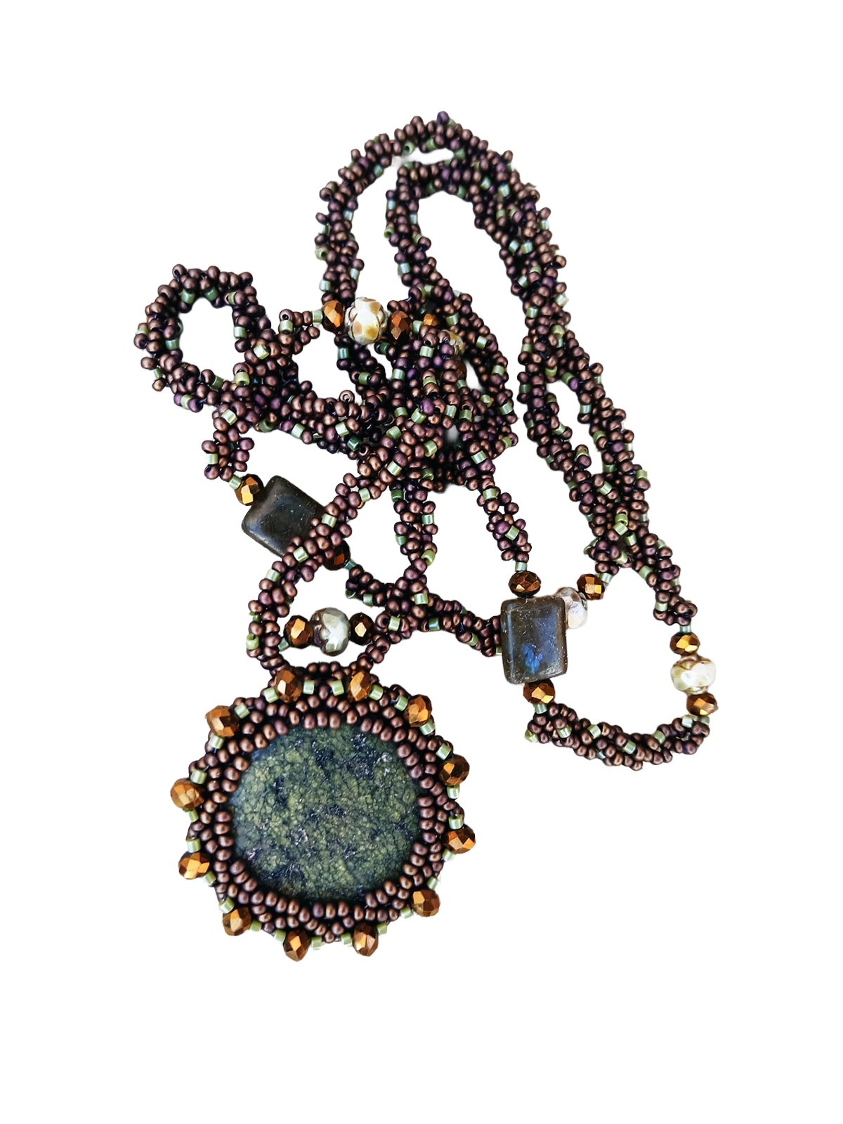 Forest Green Agate Bezel Handwoven Pendant Necklace
