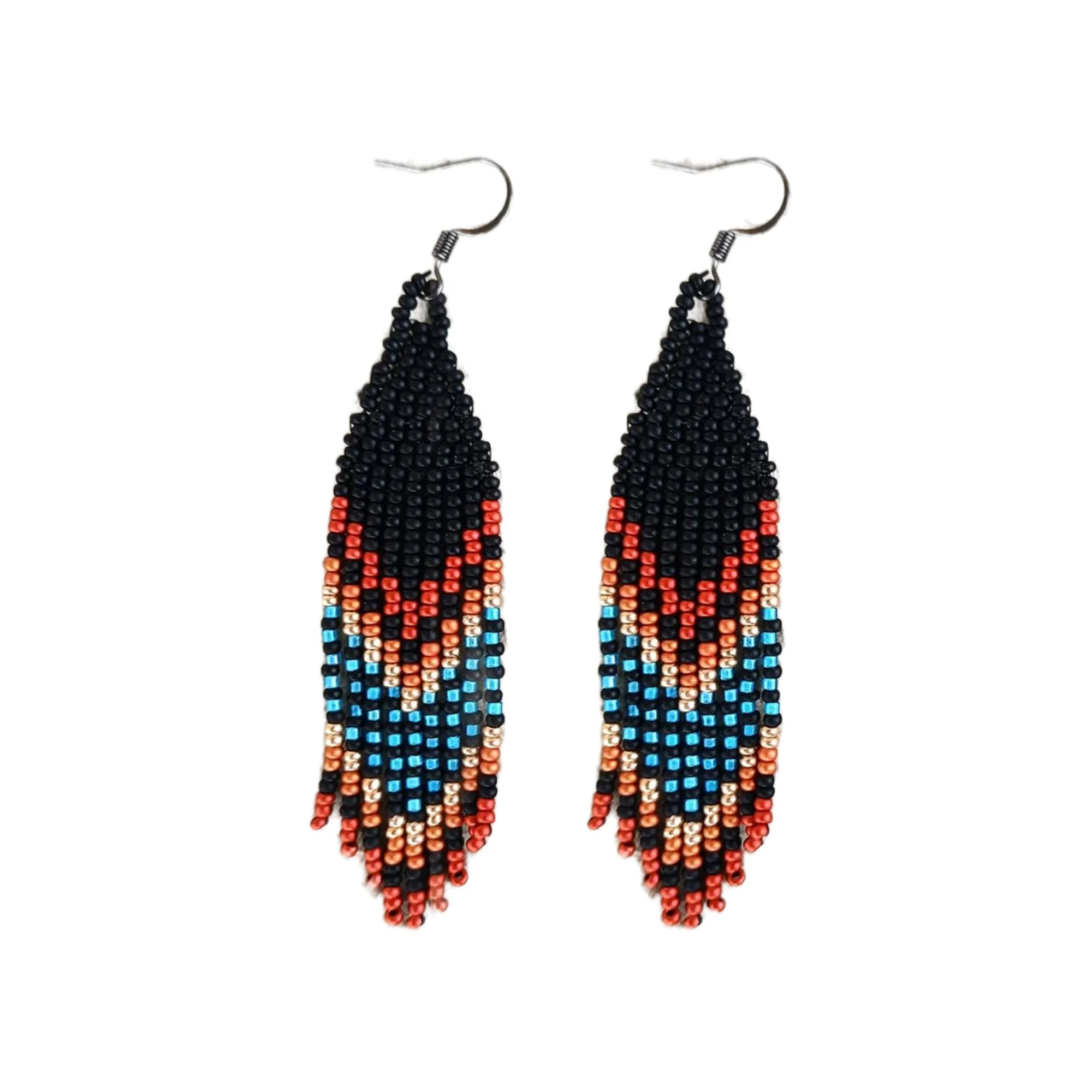 Handmade Southwestern beaded fringe dangle earrings handwoven in a rich black, red, blue, gold, and copper mountain sunset color palette.