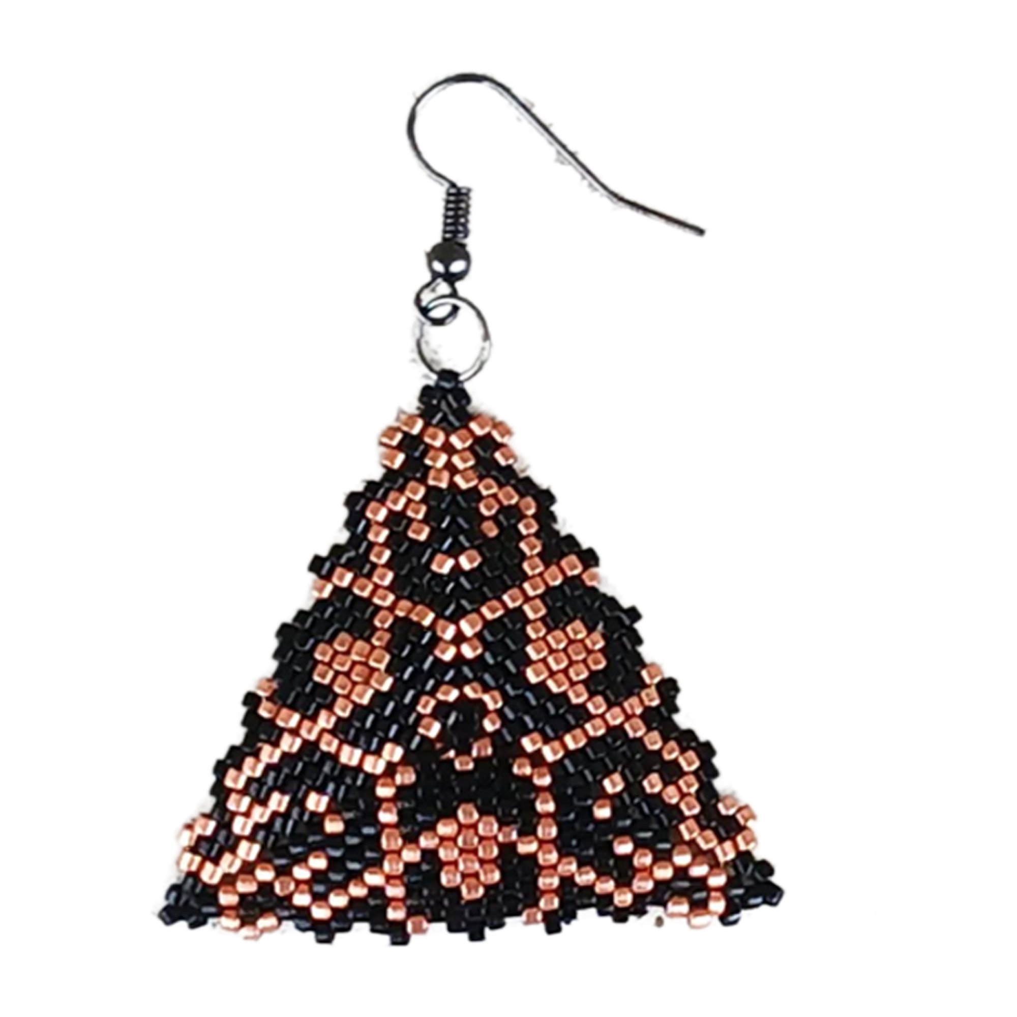 Handmade geometric triangle beaded dangle earrings featuring a handwoven black and copper peyote-stitch star center design.
