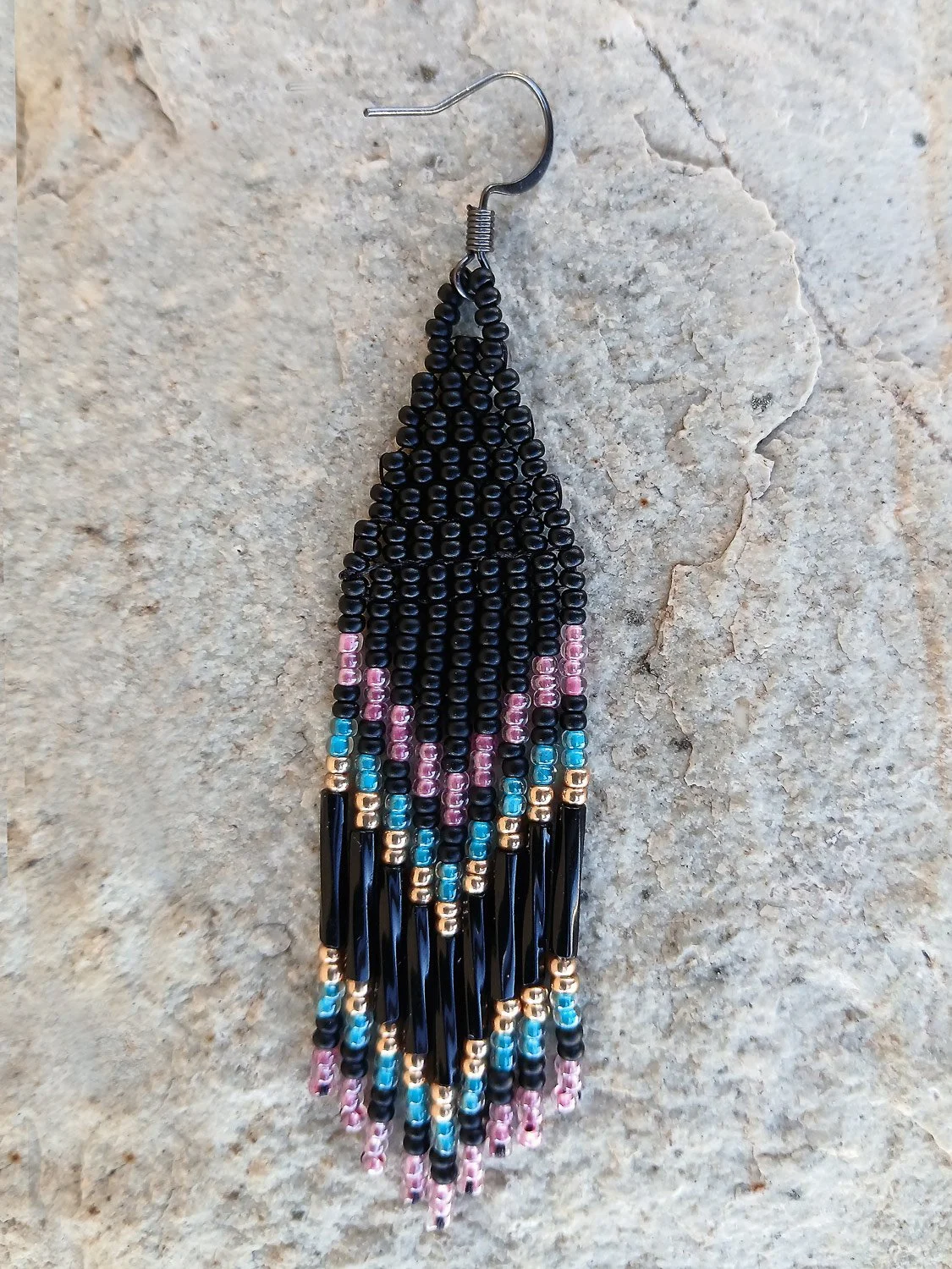 Colorful beaded fringe earrings with pink, orchid, and turquoise details