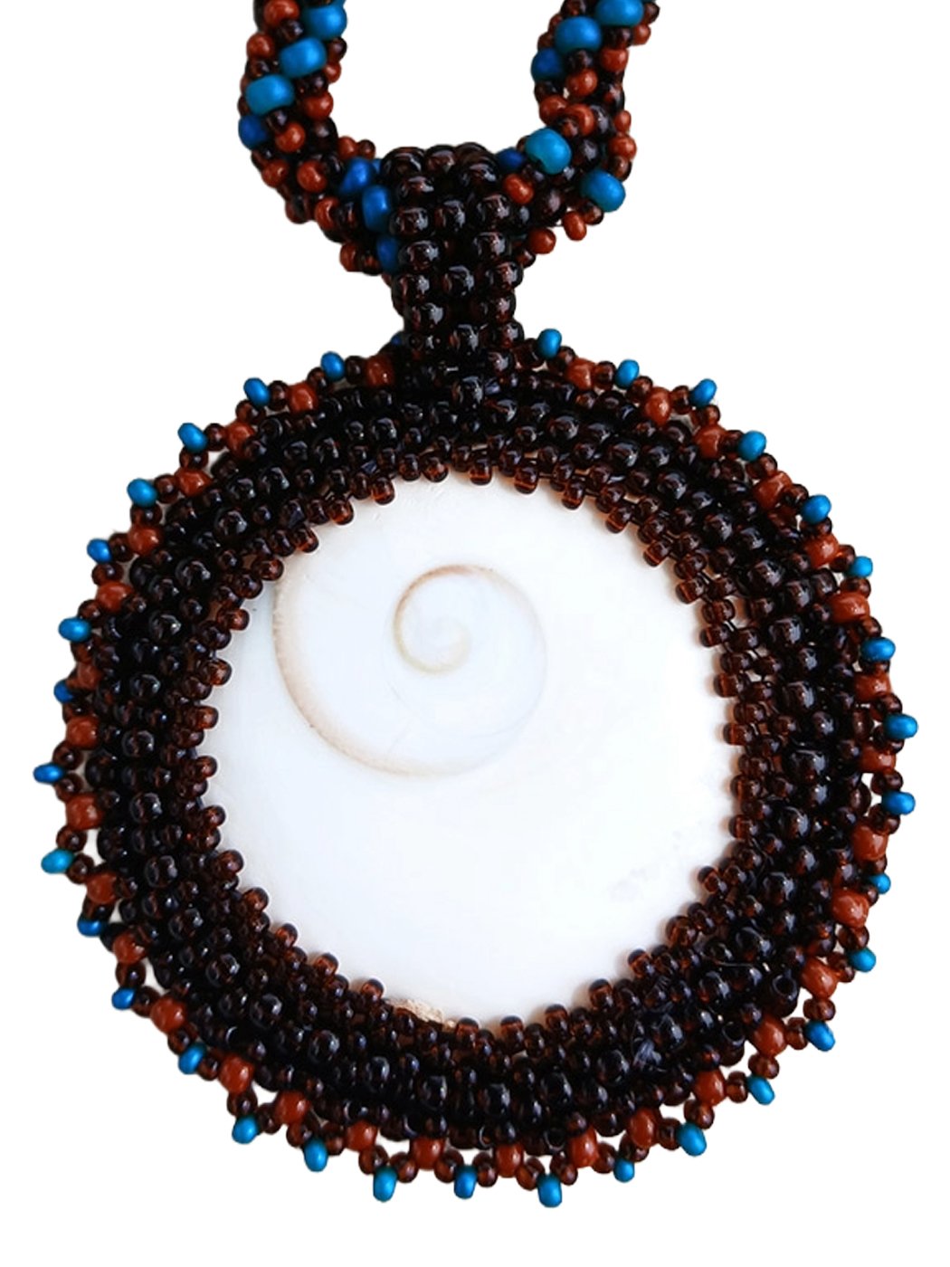 Handmade nature-inspired beaded necklace featuring a beaded bezel on natural spiral Shiva snail shell pendant handwoven in blue, and brown seed beads.