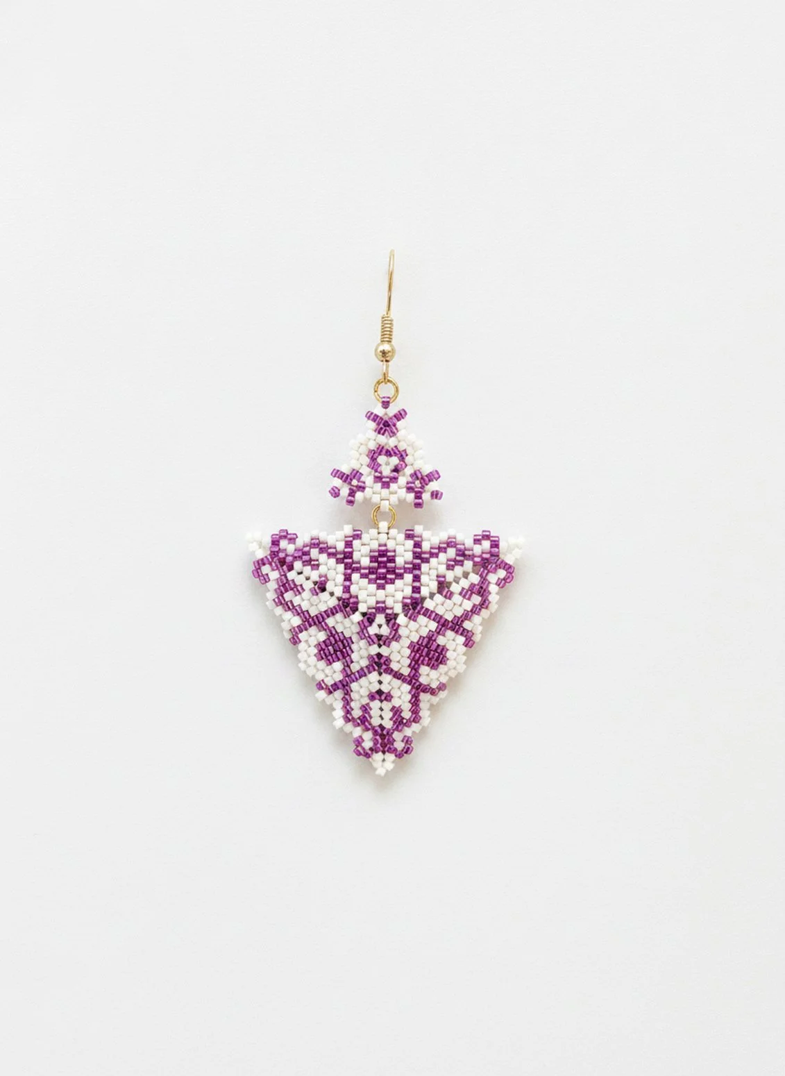 Handmade purple and alabaster white geometric triangle drops with two triangles beaded earrings in handwoven in peyote stitch design.