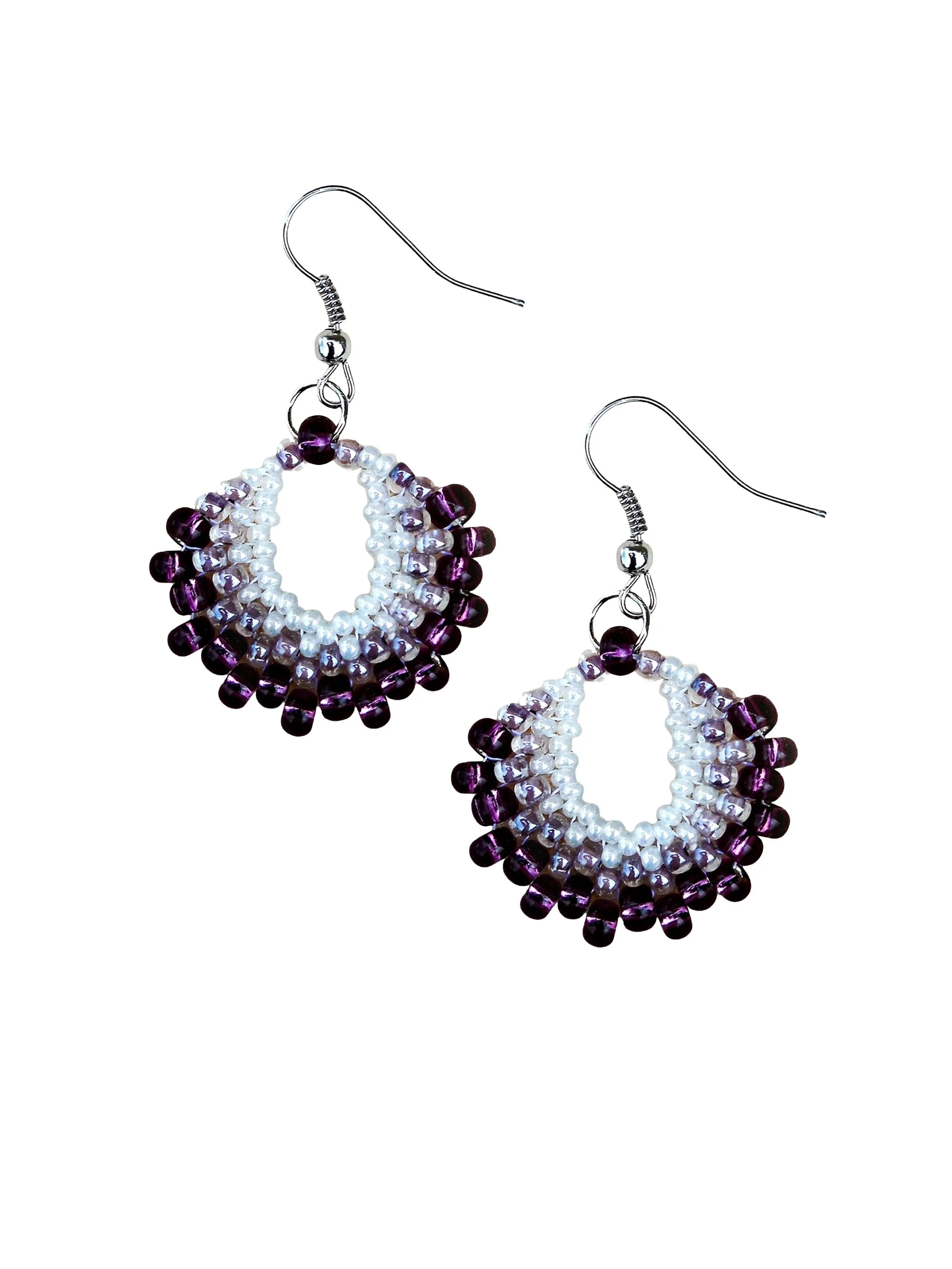 Handmade crescent fan dangle earrings handwoven in purple and pearl white glass seed beads using peyote stitch.