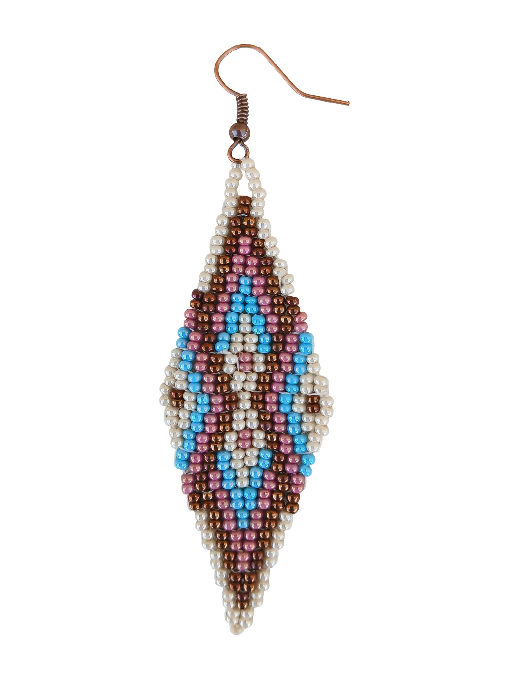 Sedona Sky handmade drop beaded earrings featuring an oblong geometric design handwoven in ivory white, rose luster, sky blue and dark gold.