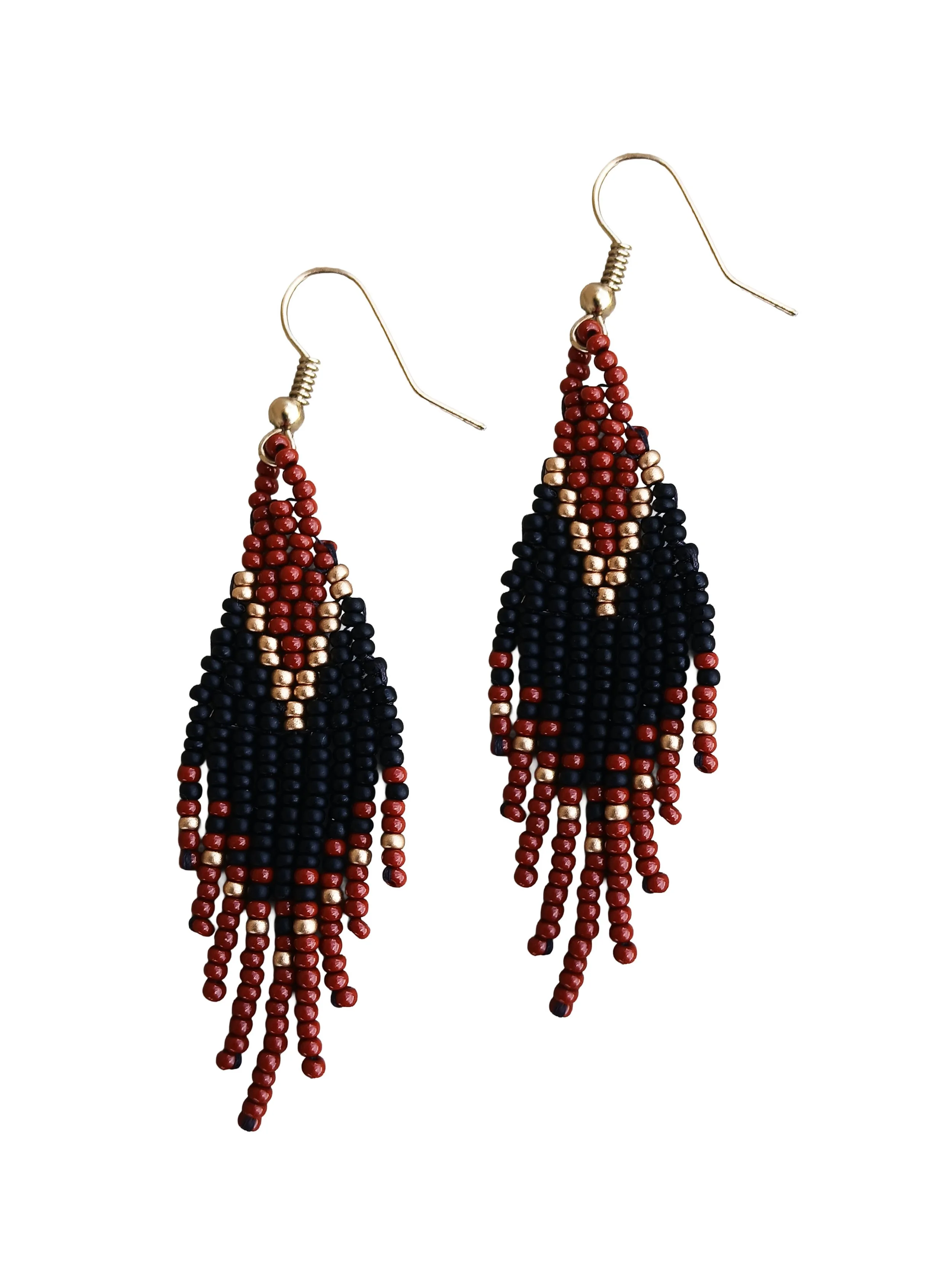 Handwoven brick-stitch beaded earrings in medium rust brown, black, and gold with a short fringe design.