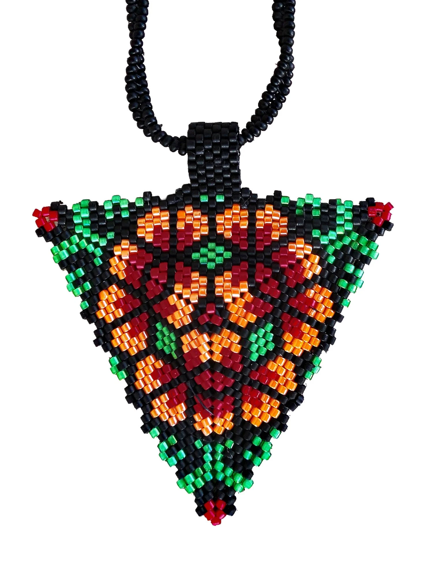 Handmade beaded peyote geometric floral triangle pendant necklace handwoven  in green, orange, and red with nonmetal herringbone black chain.