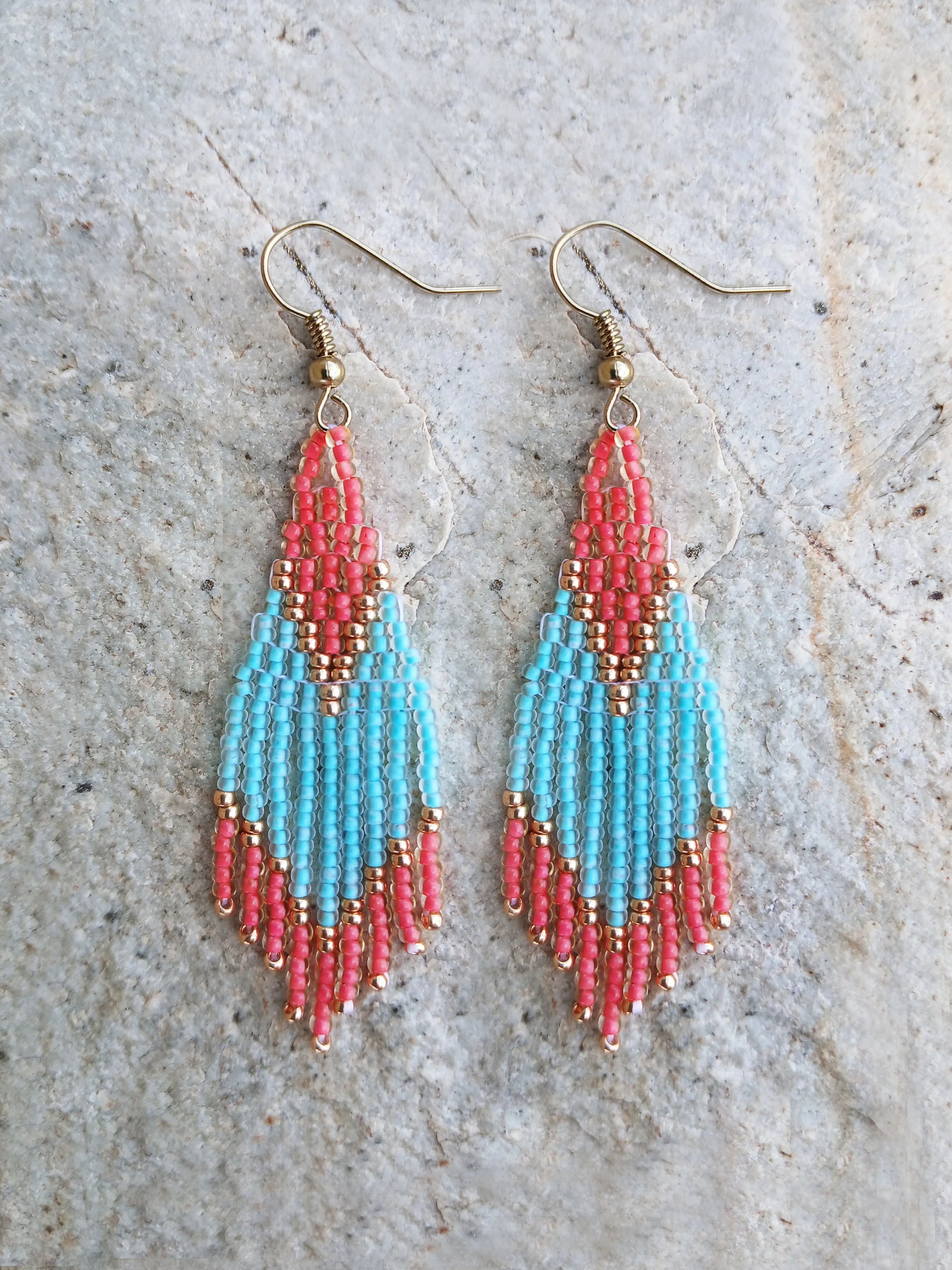 turquoise coral gold short fringe beaded earrings
