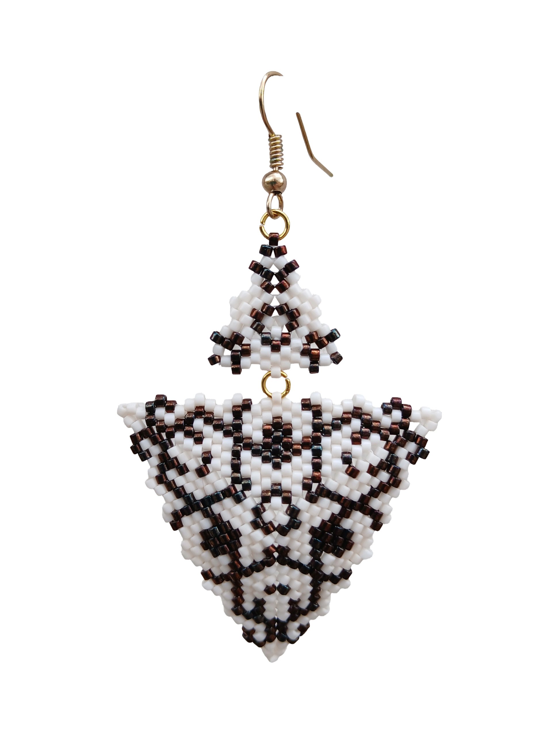 Handmade copper brown and alabaster white geometric triangle drops with two triangles beaded earrings in handwoven in peyote stitch design.