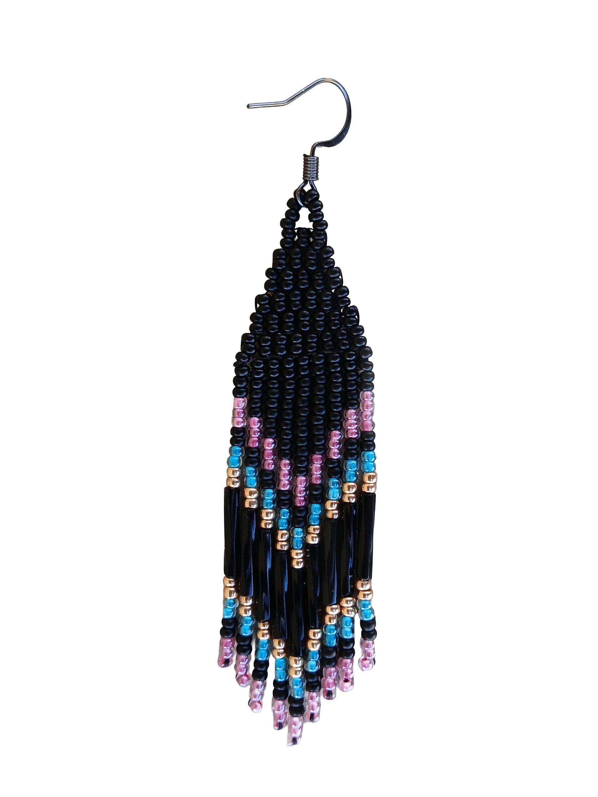 Colorful beaded fringe earrings with pink, orchid, and turquoise details