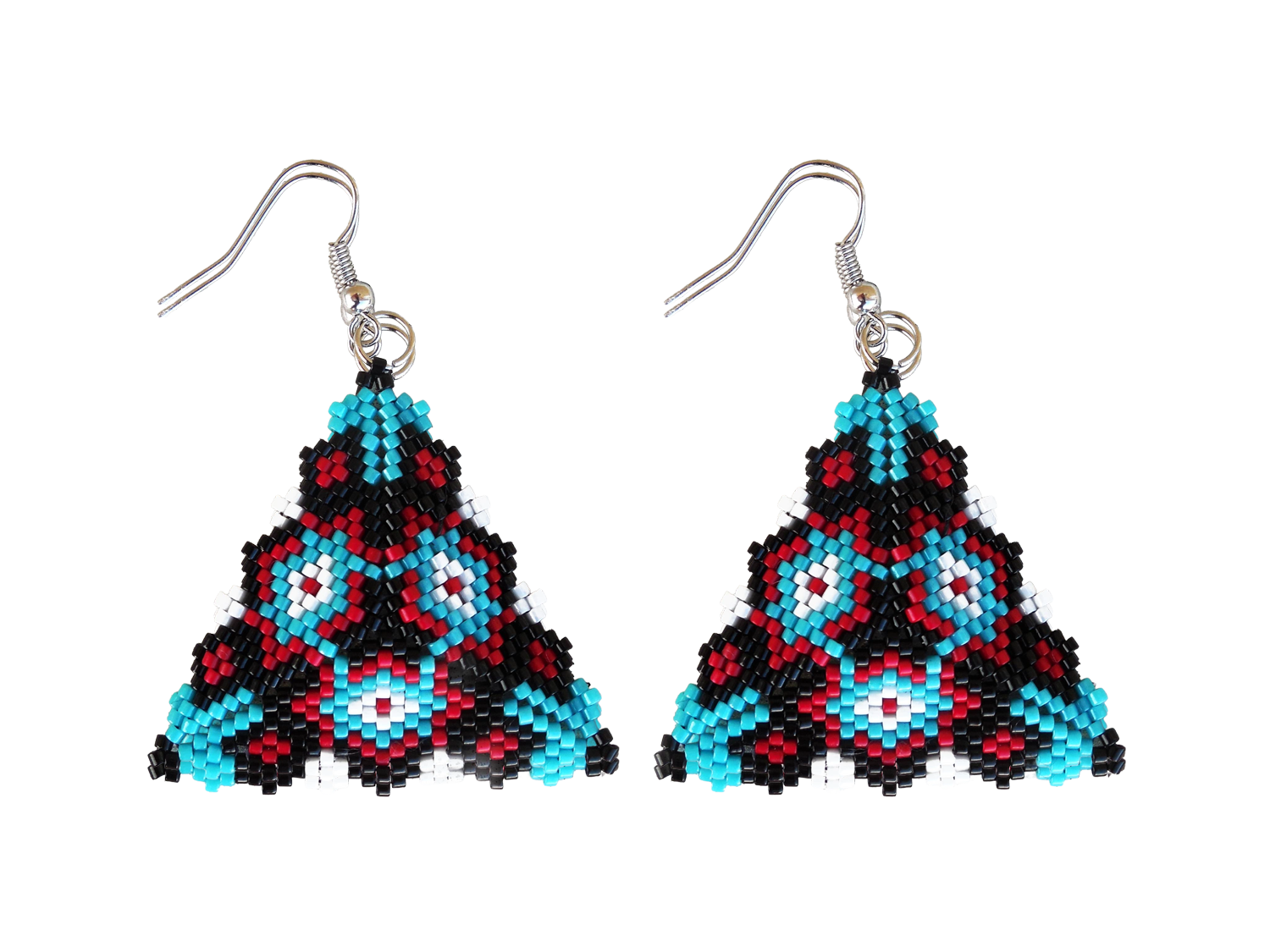 geometric triangle peyote stitch earrings with Native American inspired beadwork and silver hooks