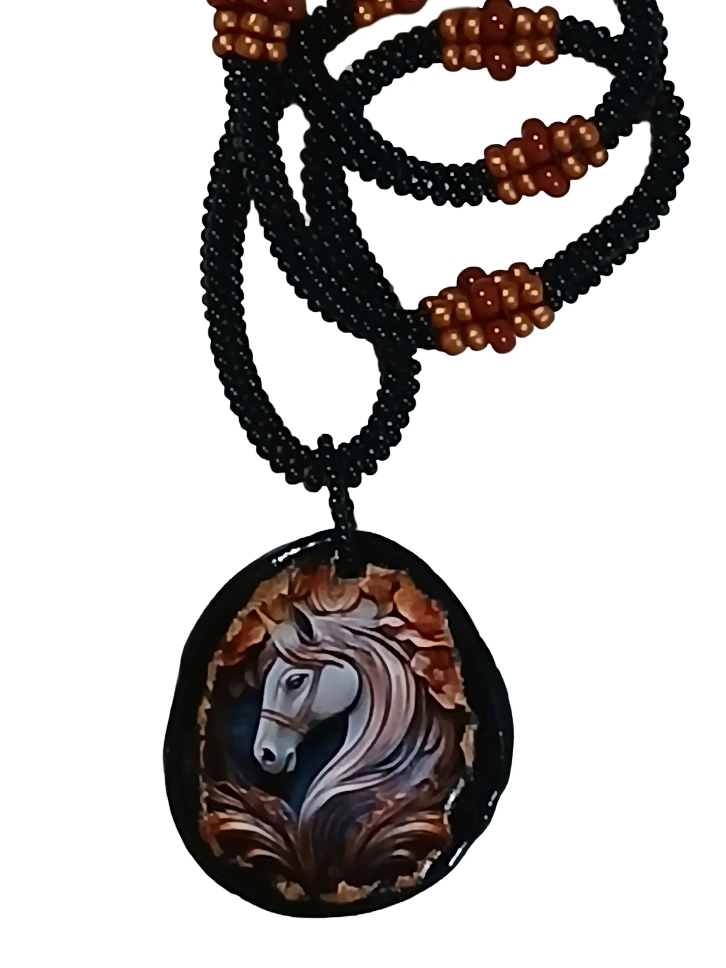 Handmade Non-metal 16.5 inch seamless herringbone beaded necklace chain featuring an artisan stoneware horse portrait pendant cameo.