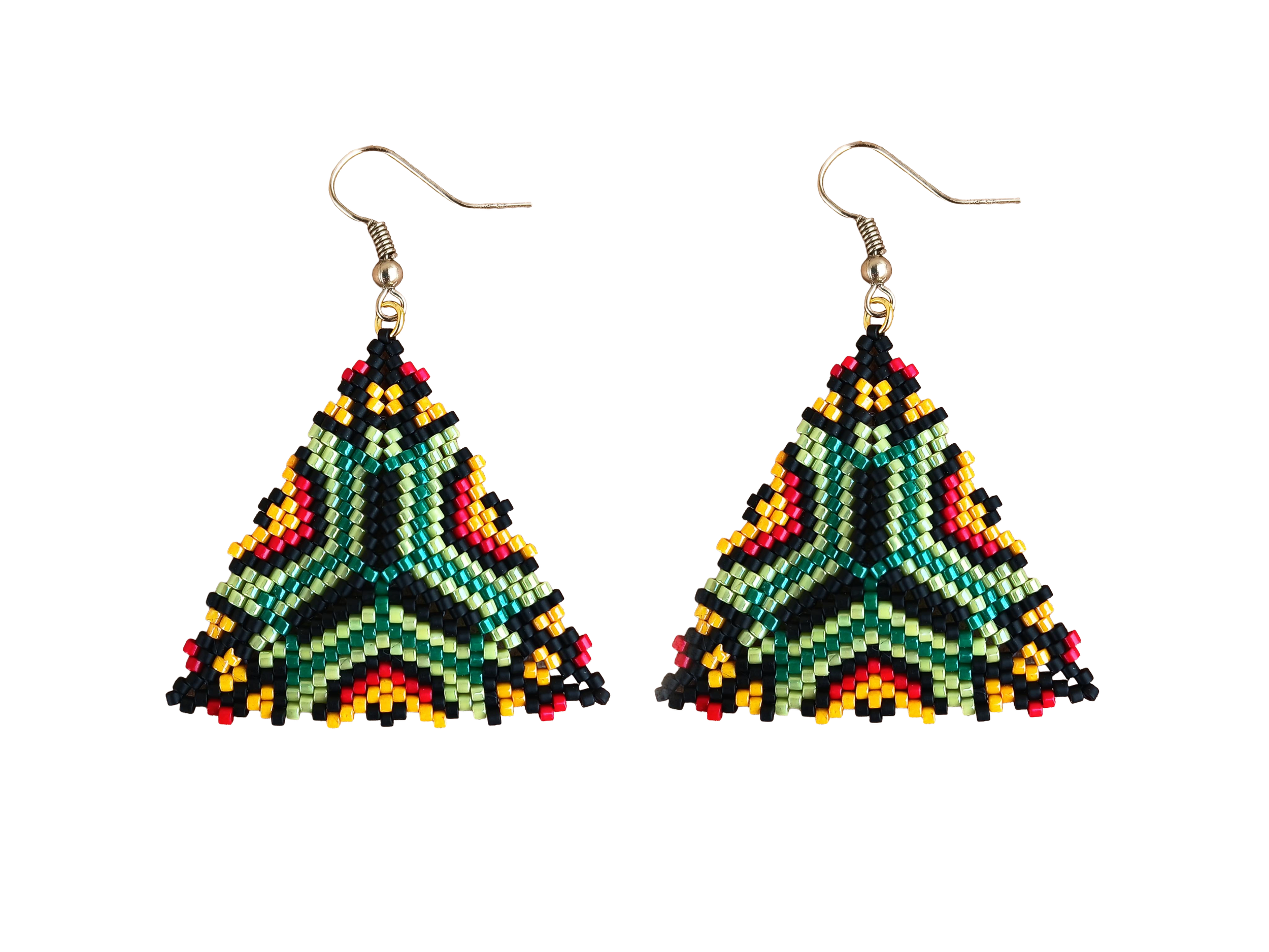 Vibrant Beaded Geometric Triangle Earrings Green Orange Red and Black Handmade Peyote Boho Tribal Jewelry Peyote Herringbone Stitch