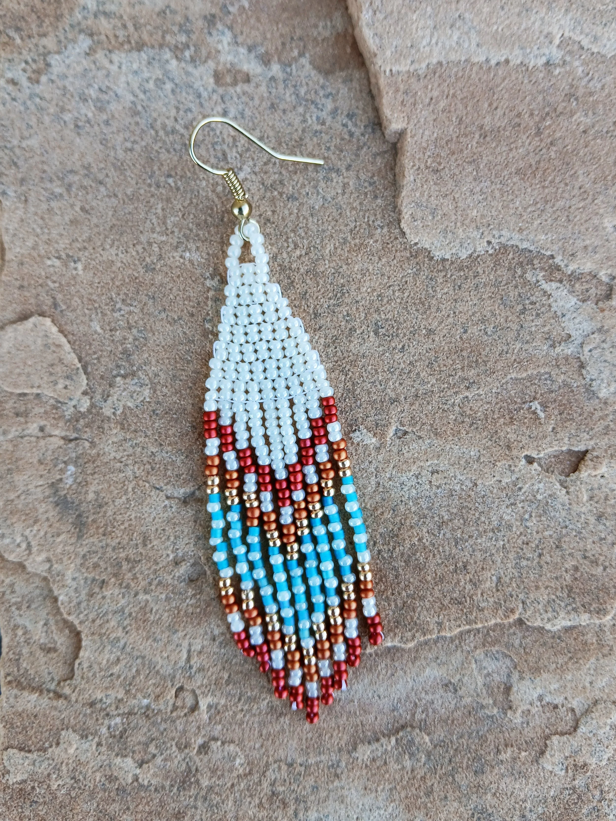 BNative Boho Western Style handmade lightweight fringe beaded earrings in white, red, gold, orange, blue medium dangles
