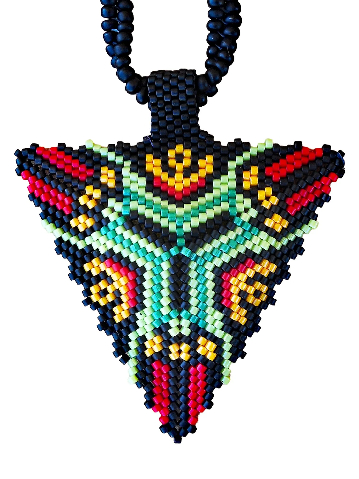 Handmade geometric triangle pendant necklace featuring handwoven herringbone and peyote stitch nonmetal beaded chain in black, green, yellow, and red.