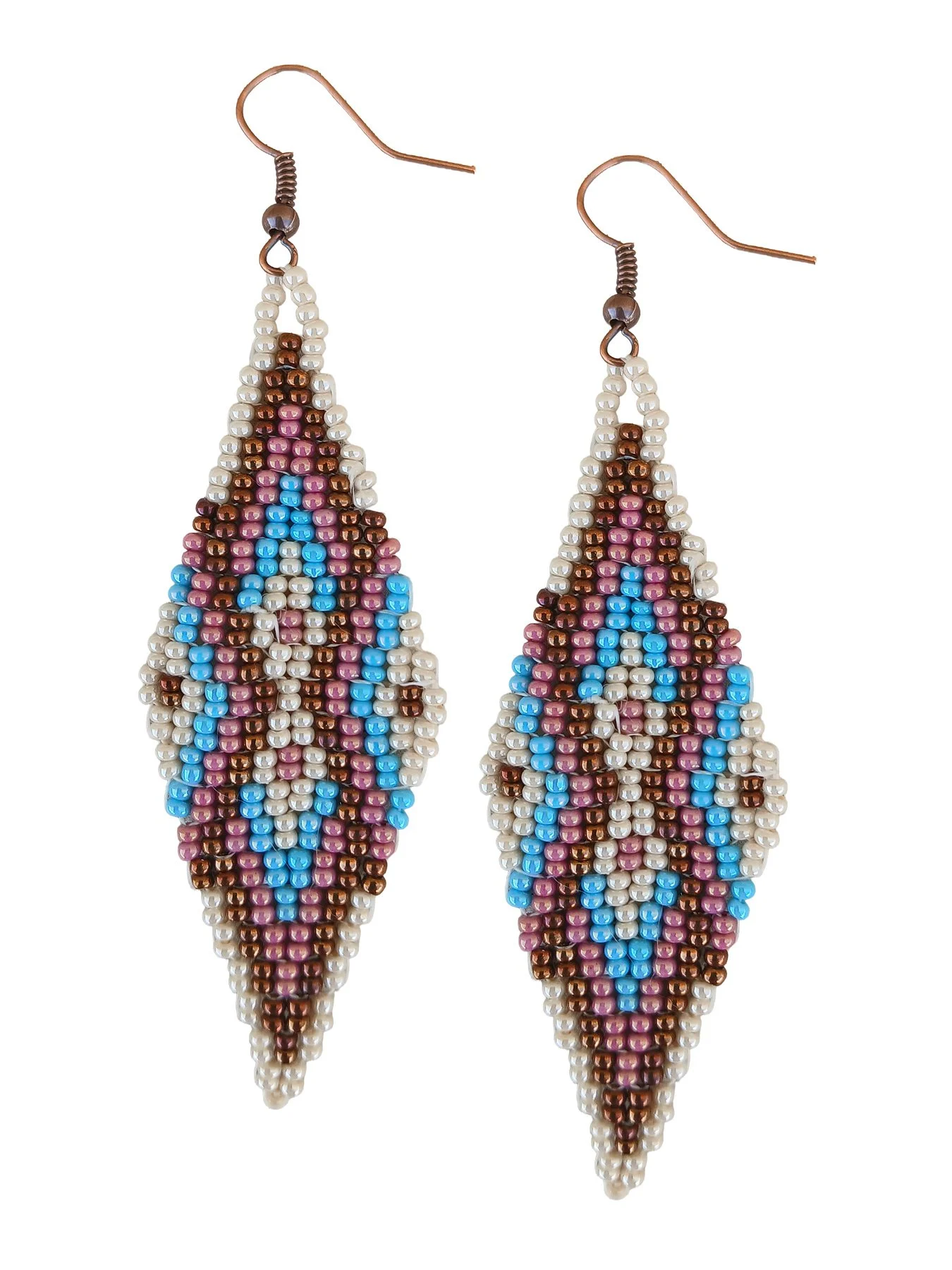 Sedona Sky handmade drop beaded earrings featuring an oblong geometric design handwoven in ivory white, rose luster, sky blue and dark gold.