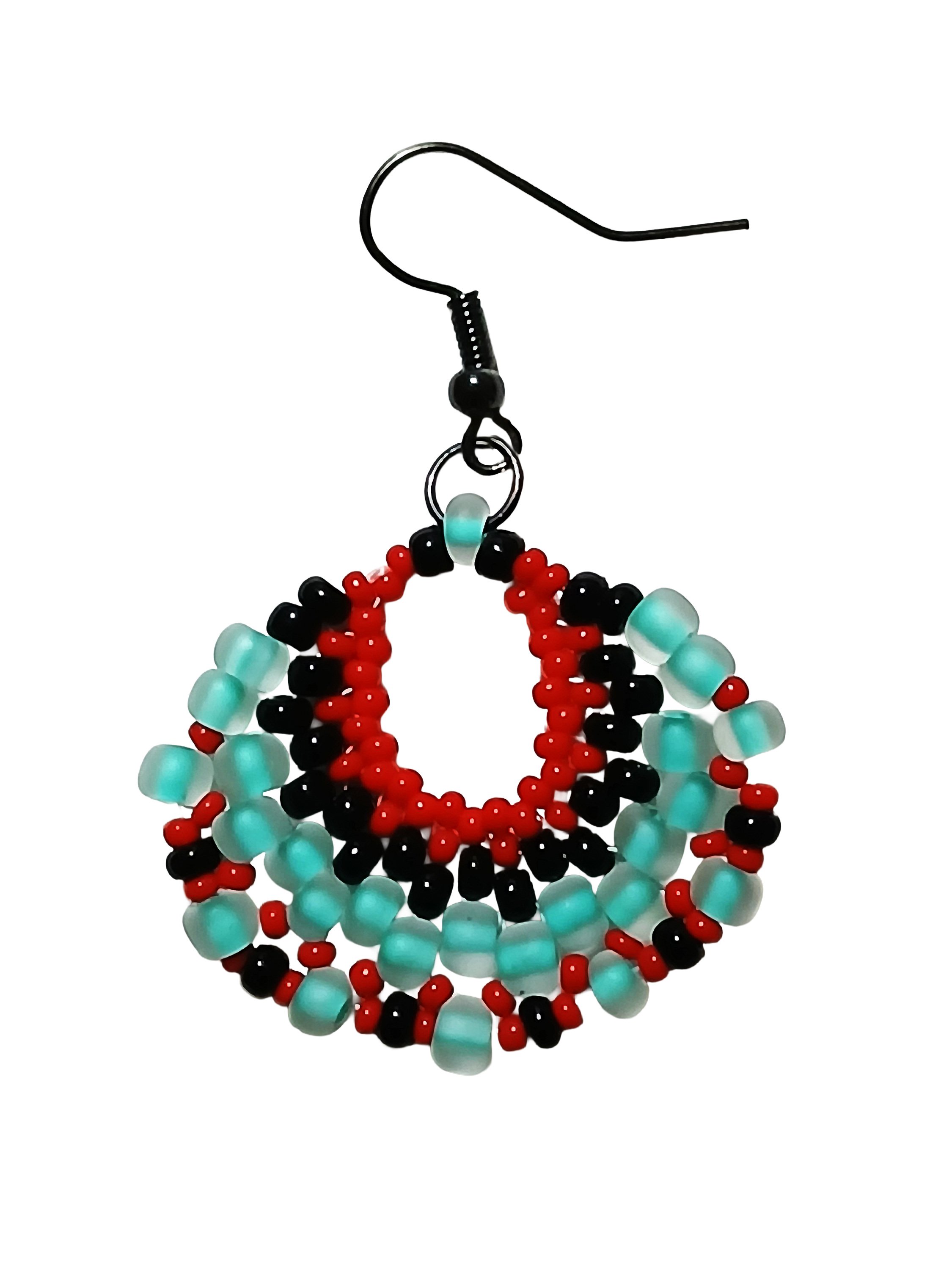 Handmade small beaded peyote teardrop-shaped statement earrings handwoven in red, black, and turquoise with peyote stitch in a Western boho style.