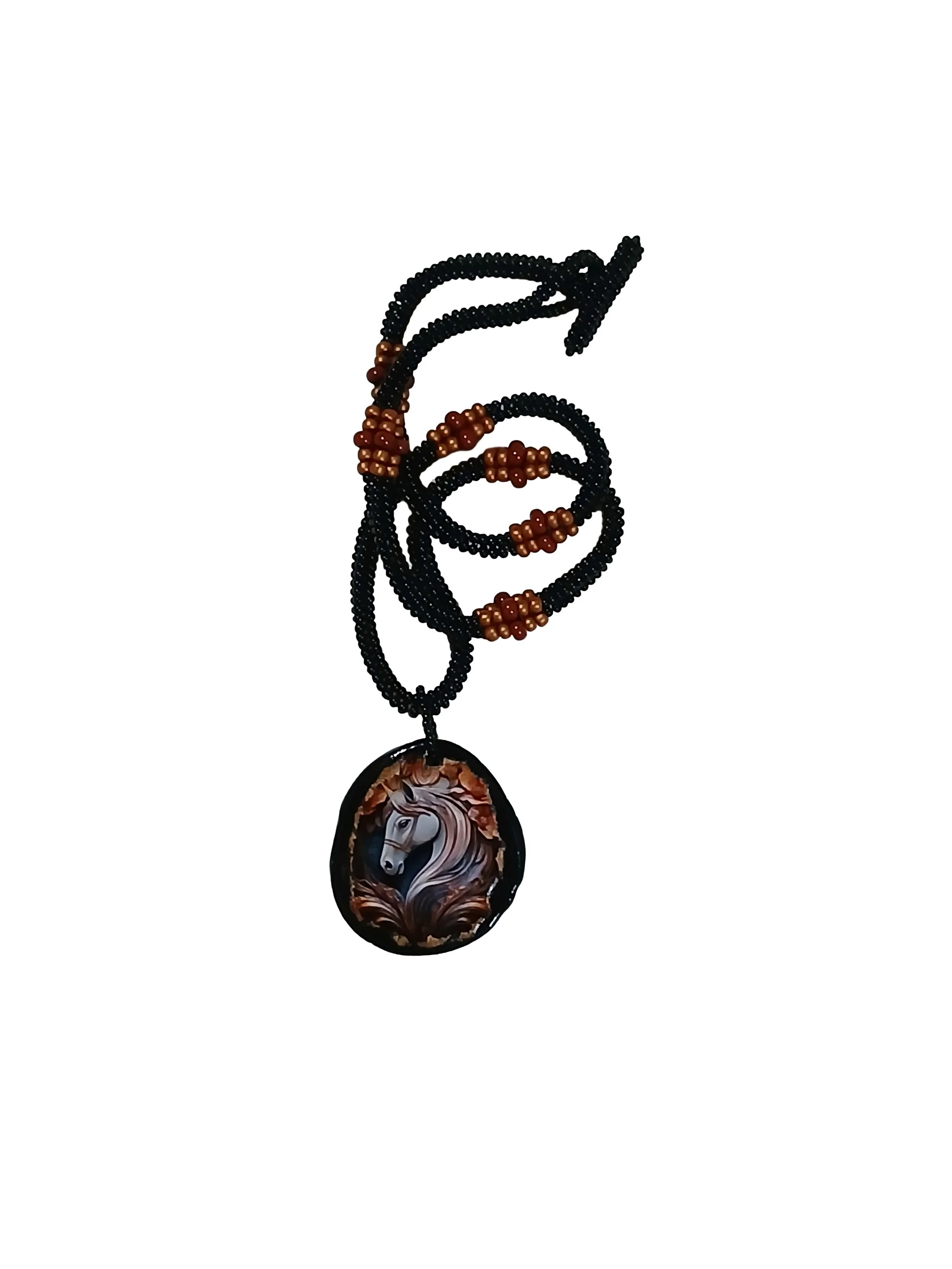 Handmade non-metal beaded rope necklace with horsehead medallion pendant handwoven in black, sienna brown and rust accents and toggle clasp.