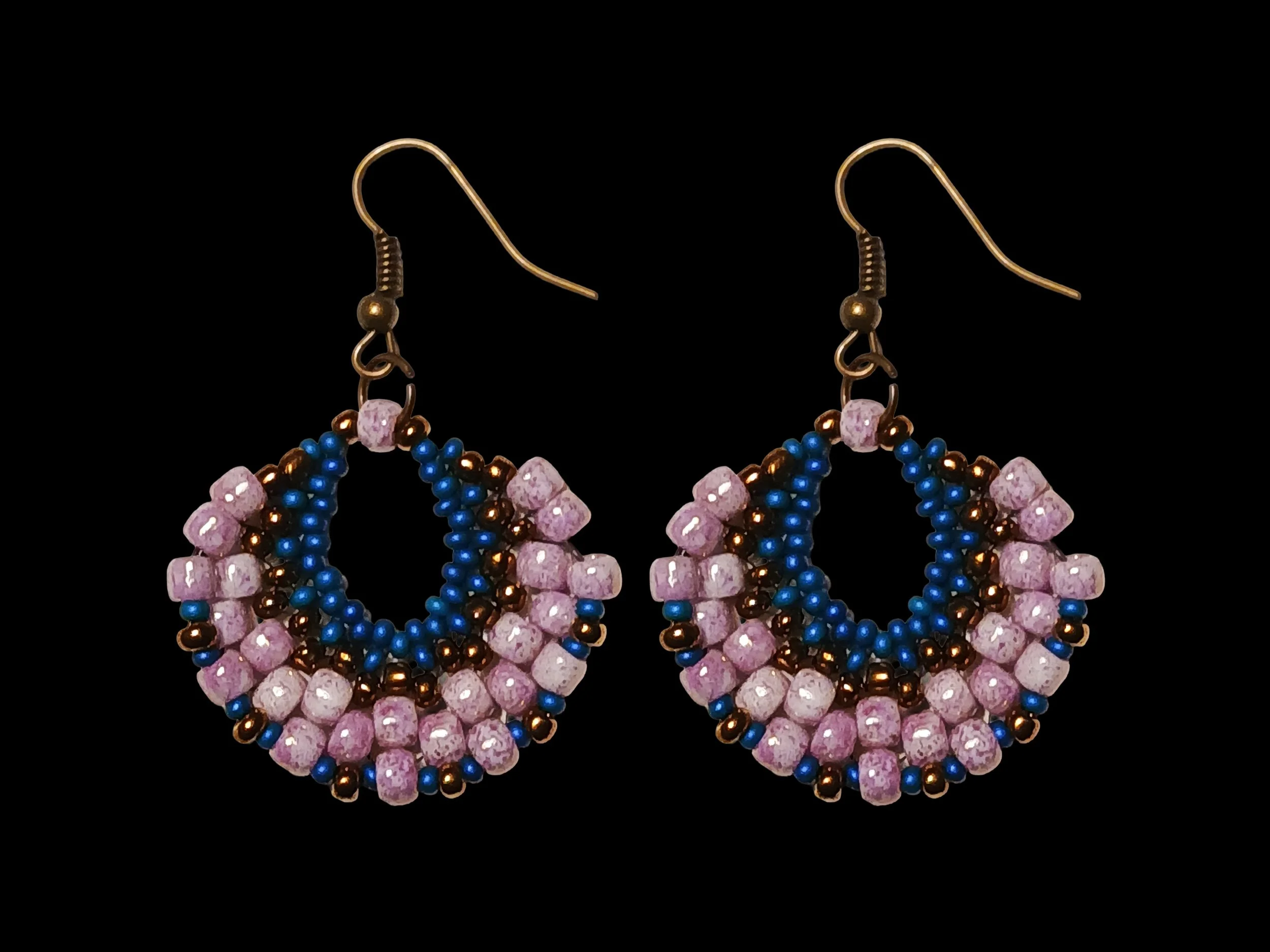 Handmade beaded crescent fan earrings handwoven in peyote stitch of lilac, teal blue and bronze glass seed bead colors.