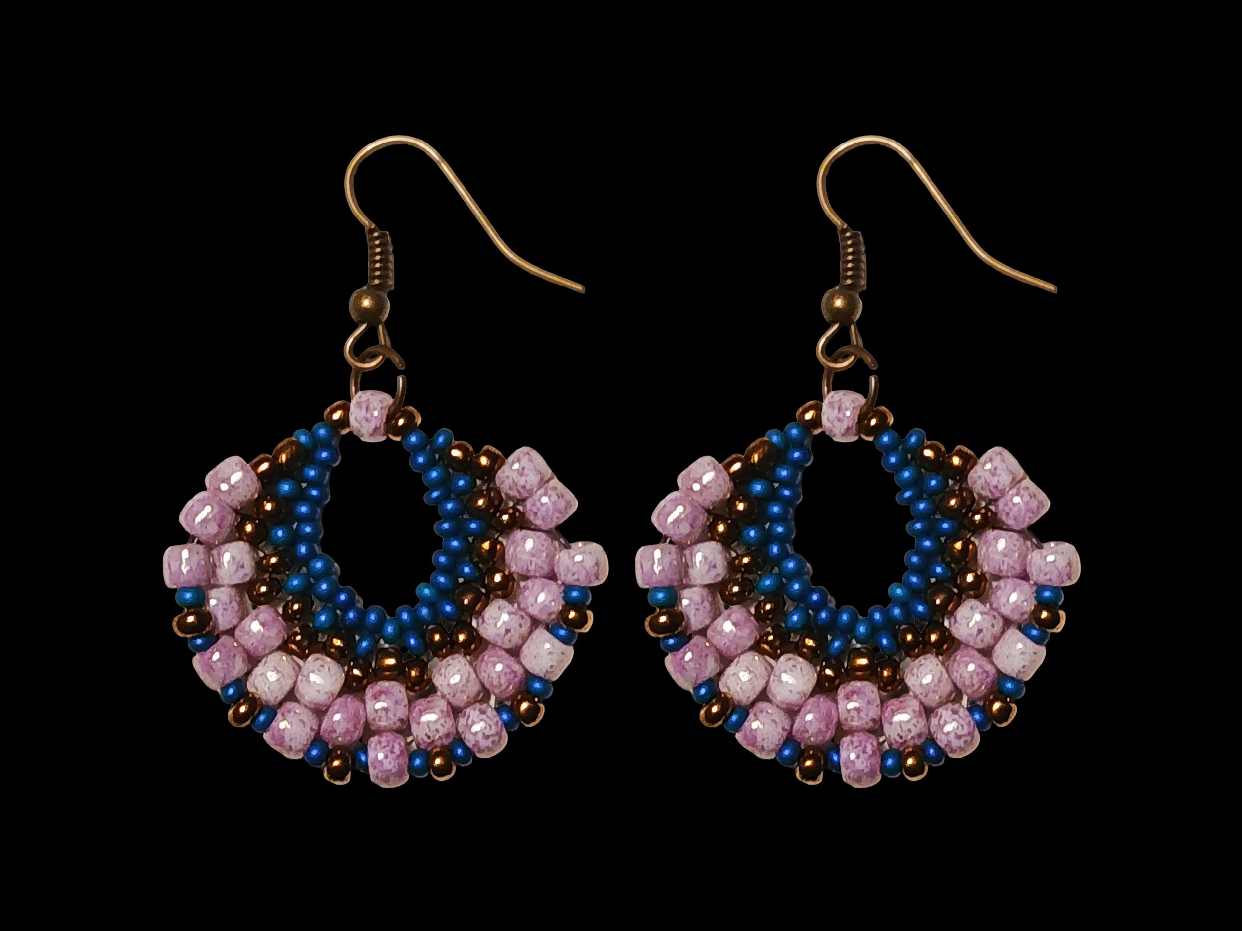 Handmade beaded crescent fan earrings handwoven in peyote stitch of lilac, teal blue and bronze glass seed bead colors.