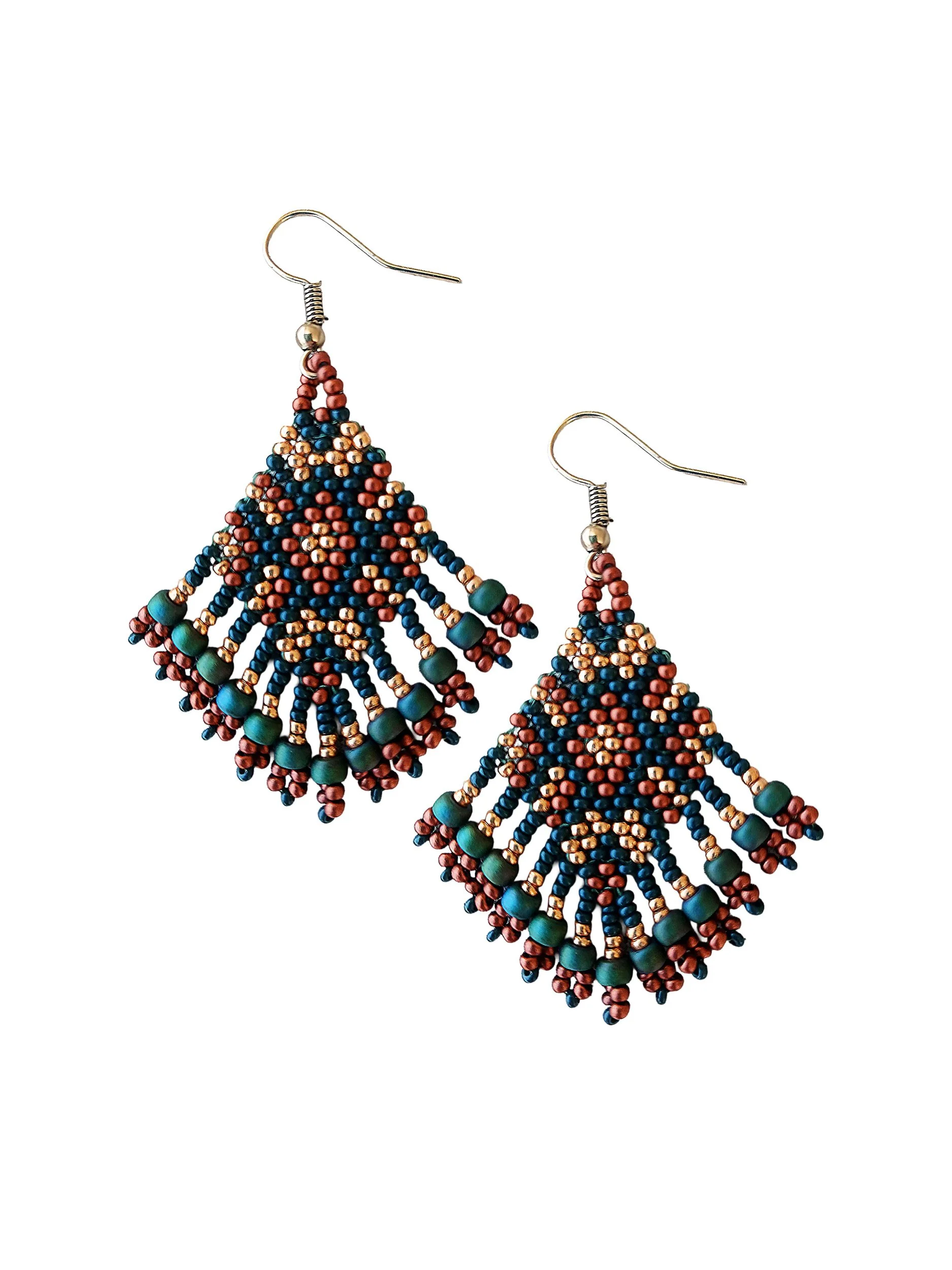 Handmade woodland beaded fringe earrings. Handwoven in forest green, gold, and copper nature-inspired seed bead jewelry.