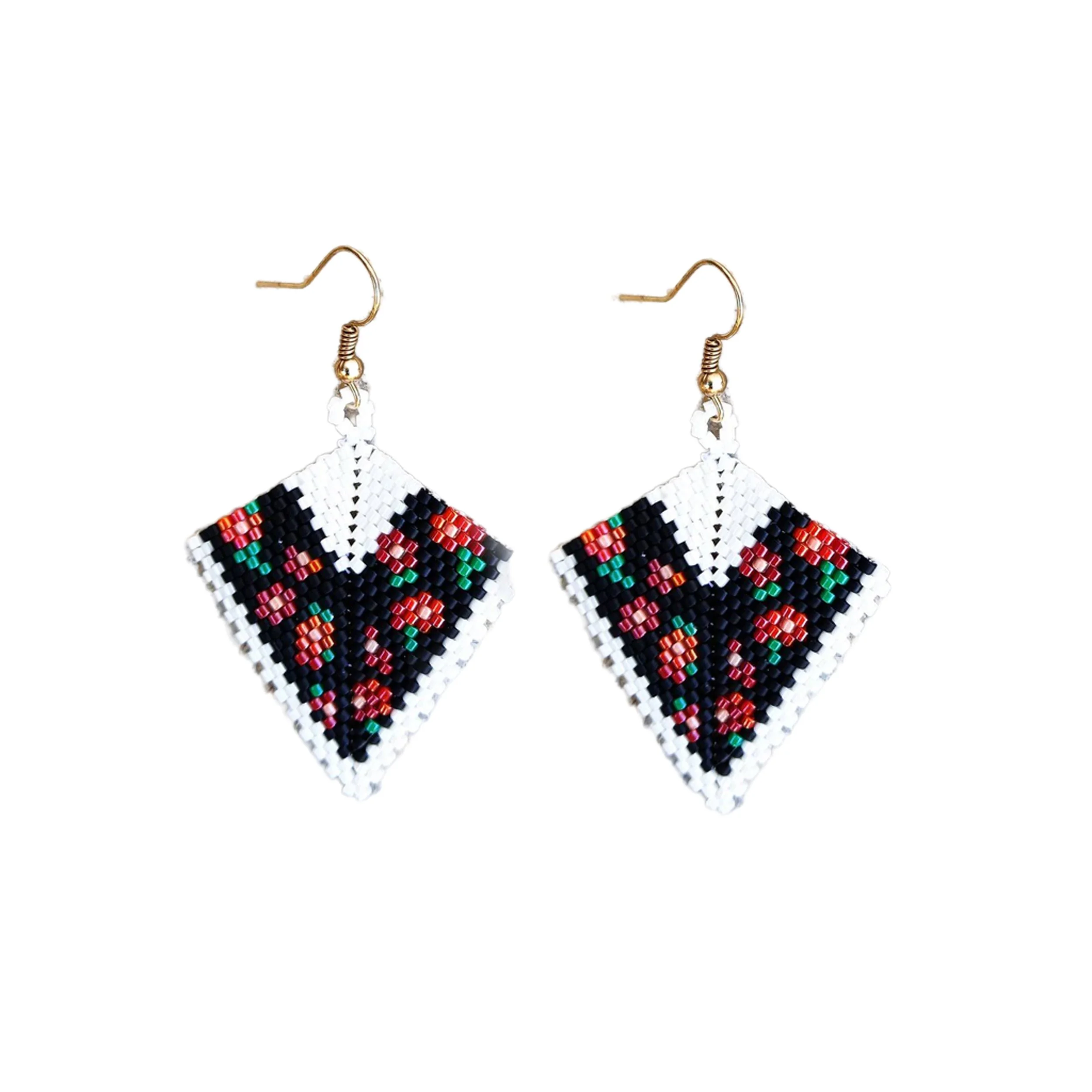 Handmade Beaded Botanical Red Floral Kite Earrings