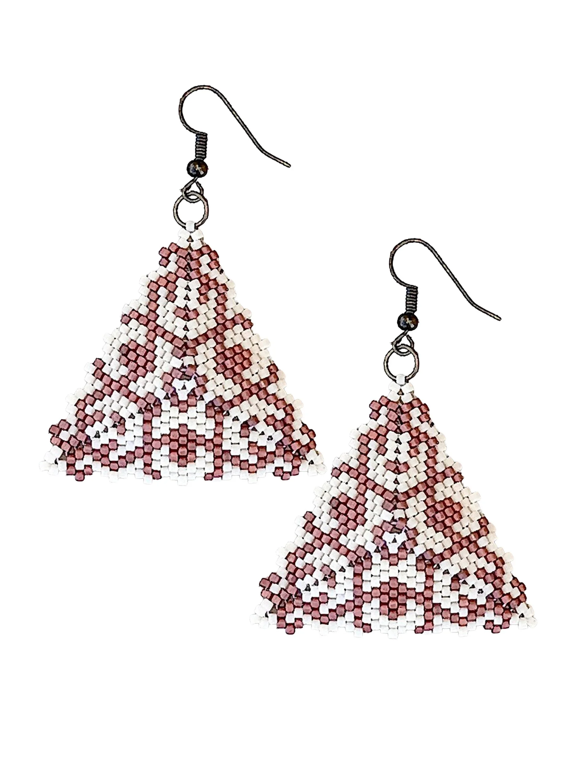 Handmade peyote stitch geometric triangle beaded earrings in cream and copper with a hanging dangle design.